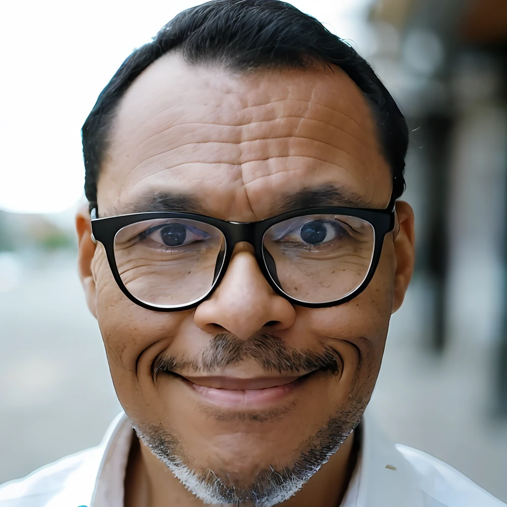 guttonerdvision6, detailed man with glasses, 50 years old, tall, looking at the camera, dark brown eyes, dark hair color, light skin color, taken with a Leica M6 and a Leica 75mm F1.25 Noctilux, atmospheric lens.