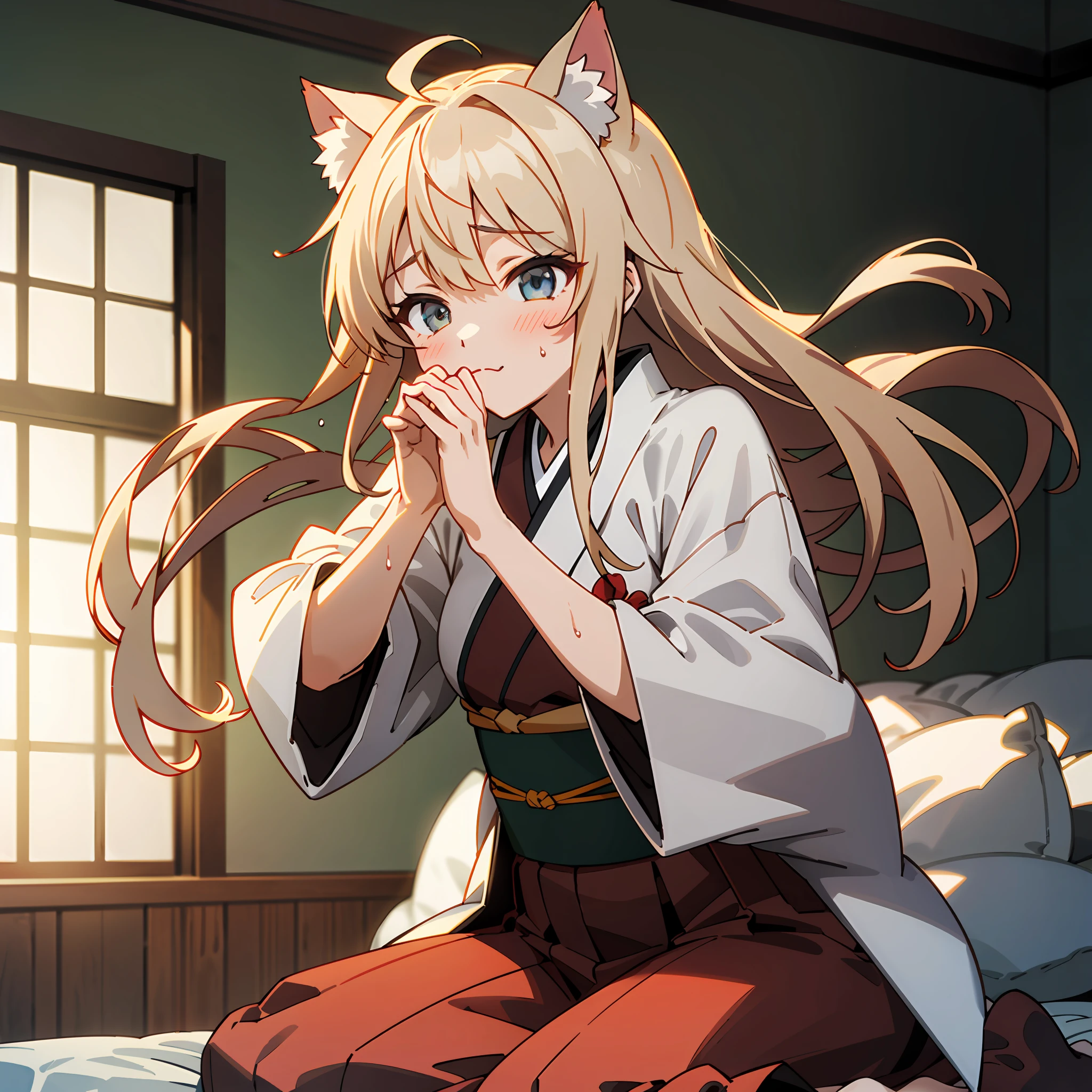 (Super detailed, high resolution, Kyoto animation style anime illustrations, highest quality official art featured: 1.6), beautiful face, eyes, highly detailed body, very detailed hair, lovely hands, perfect hands, beautiful hands, (1 girl: 1.4), (Chibi: 0.8), (cute: 1.2), (cute: 1.2), (1 loli: 1.1), cat ears, (seduction: 1.2), elegance, (blush: 0.7), floating hair, ahoge, dramatic angle, (Teenage girl undressed in yukata: 1.2), July 7, (Dark Japanese-style room, dark walls: 1.3), Futon, Japanese-style bed, July 7, Early summer night, Hot night, Unfasten belt, take off obi, Wariza, sit on futon, AM 2:00, (embarrassing: 1.3), at night, wet skin, taking off breasts, naked hide with hands,