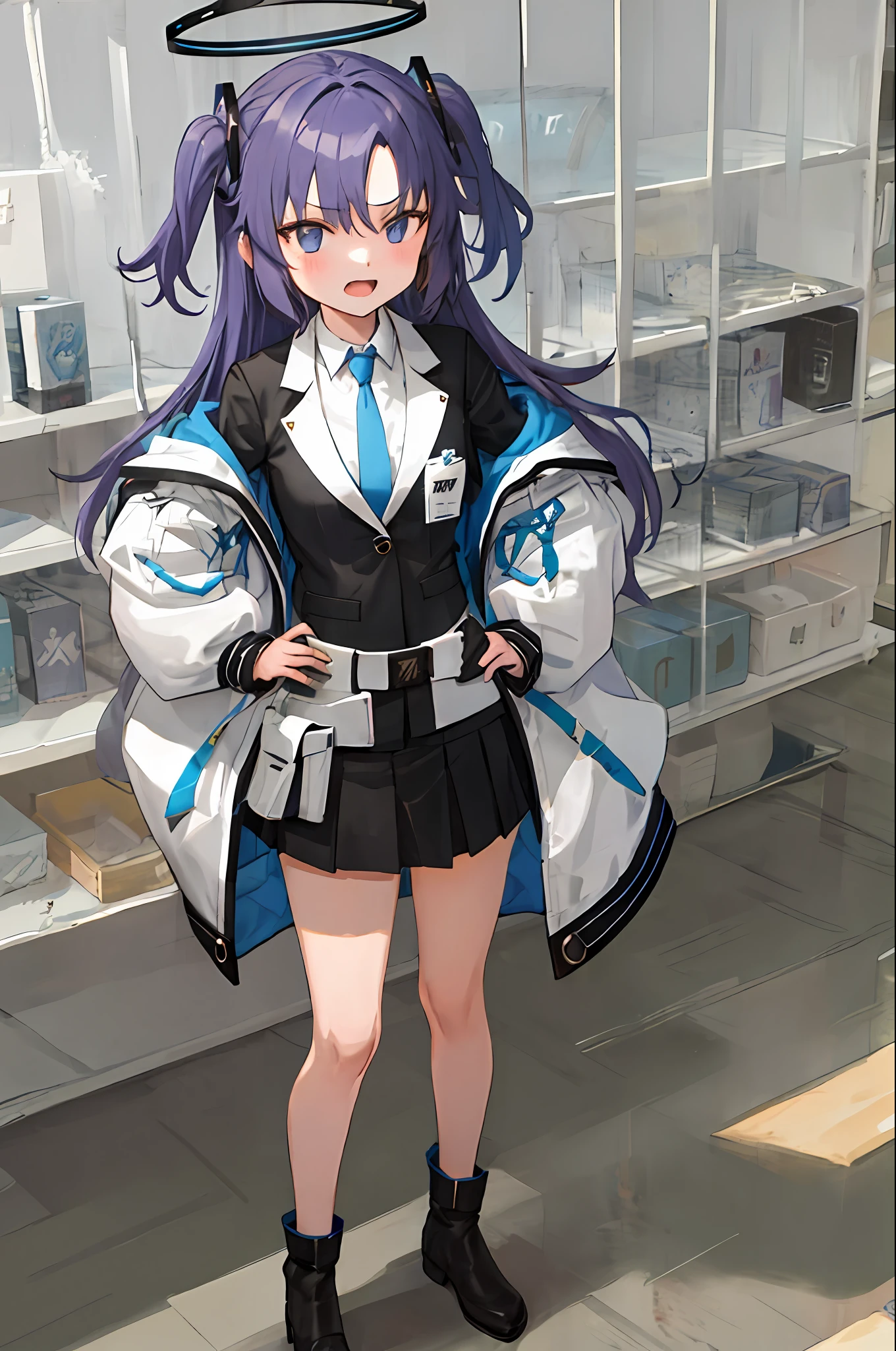 masterpiece, best quality, ultra-detailed, 1girl, yuuka, default, white jacket, black jacket, standing, hands on hip, miniskirt, angry, open mouth, halo