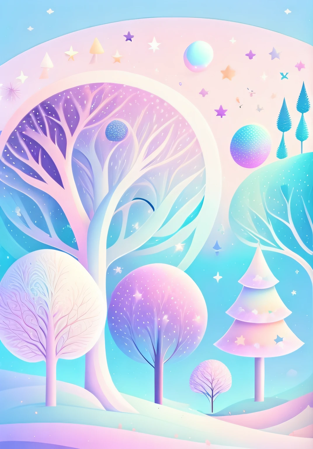 Various beautiful trees, cartoon illustration, sky in a gradient of pastel colors with twinkling stars. Immerse yourself in a mystical world full of magical elements (weighted at 0.9).