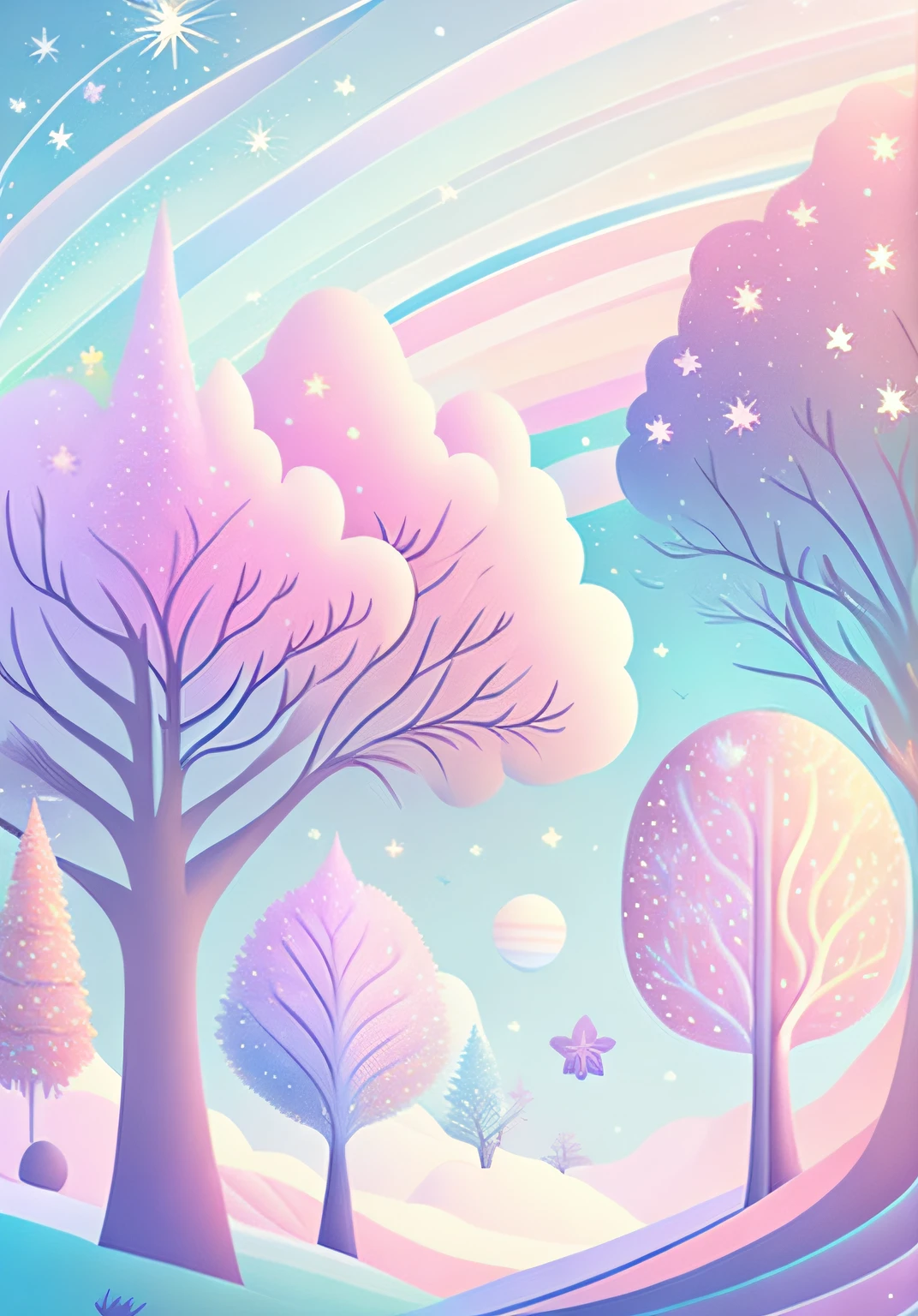 Various beautiful trees, cartoon illustration, sky in a gradient of pastel colors with twinkling stars. Immerse yourself in a mystical world full of magical elements (weighted at 0.9).