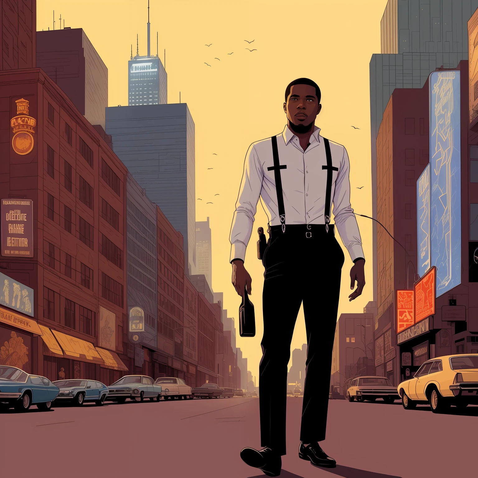 Illustration of black man, 30 years old, slender body, button-down shirt and suspenders short haircut, detective of the 70s, 1970s, city noir in the background, by Geof Darrow, dramatic lights, 8k , detailed, intricate, realistic, trend in artstation