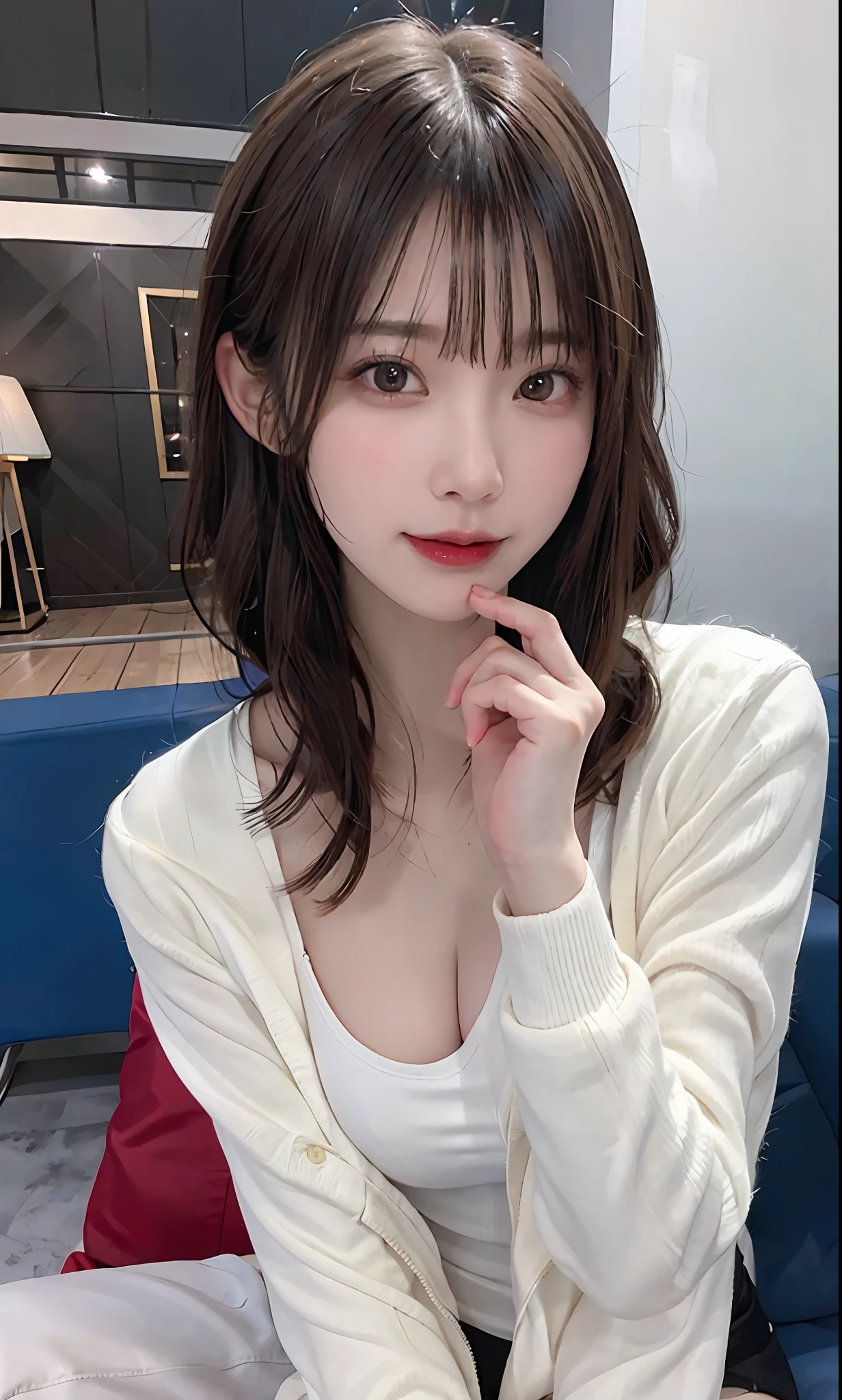 (RAW photos: 1.2), top quality, beautiful detailed girl, bunny girl, smile, highly detailed eyes and face, beautiful detailed eyes, huge file size, high resolution, high resolution, 8k wallpaper, fine detail, highly detailed ticker uniform, light on face, movie lighting, girl, sexy pose, (photorealism: 1.4), surrealism, Angle looking up from below, super detail, masterpiece, playboy bunny, fishnet pantyhose, sitting, sexy uniform
