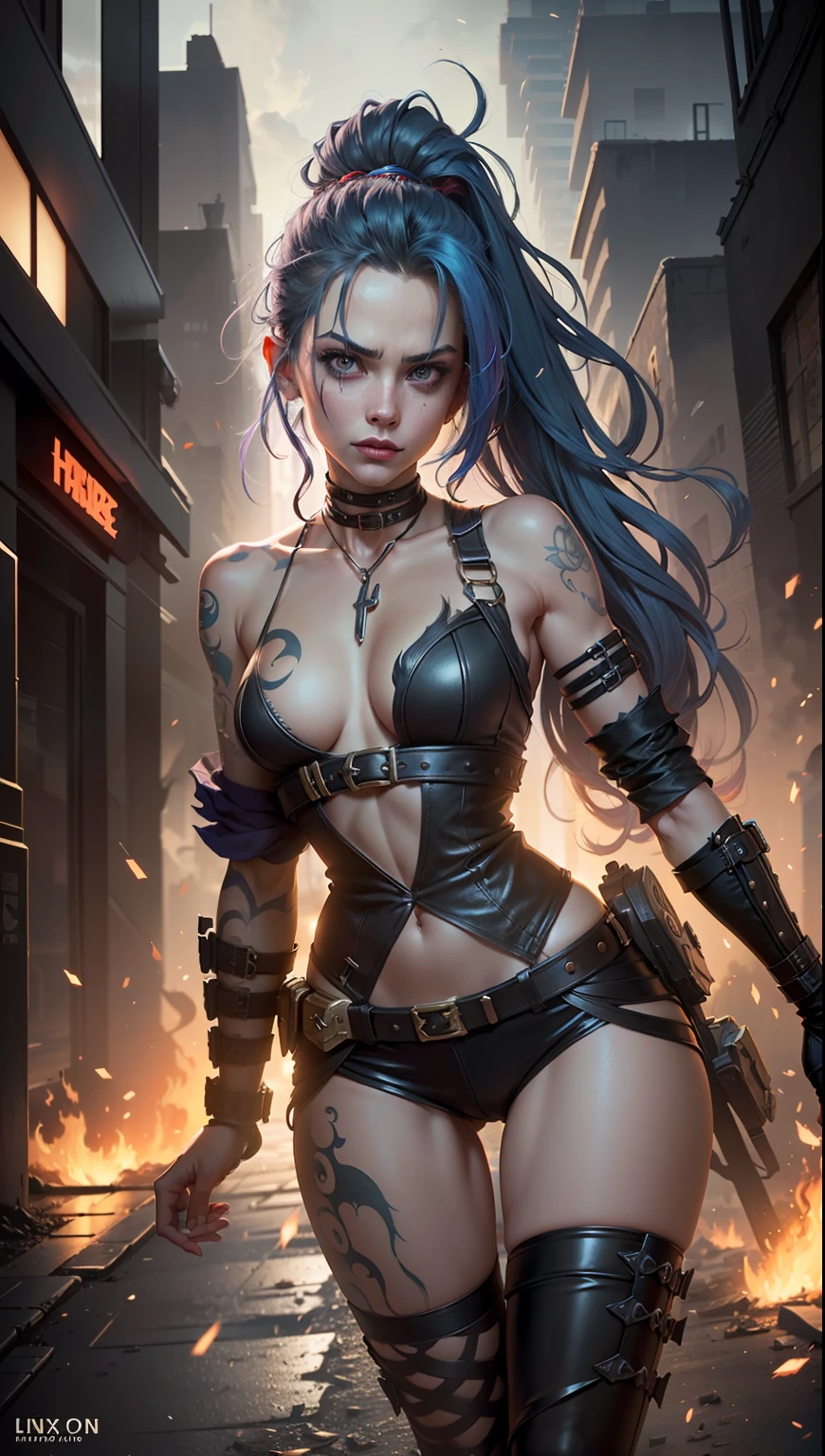 ((Best quality)), ((masterpiece)), (very detailed: 1.3), 3D, arcane style, In the dark and sandy dystopian city of Piltover, plagued by violence and divided into two opposing factions, emerges a young prodigy named Jinx. Having endured unimaginable loss and abandonment, he has embraced a life of chaos and destruction. Known for her inventive and explosive abilities, Jinx becomes an icon of rebellion against the oppressive forces that control the city. However, tormented by guilt and battling inner demons, she must face her past and decide whether to continue down the path of anarchy or seek redemption amid turmoil. Explore Jinx's journey as he navigates a treacherous world, struggling to survive, unraveling secrets and discovering the true meaning of his twisted existence, chaos reigns supreme, and at the heart of it all is Jinx, the embodiment of unpredictability. Delve into Jinx's twisted mind, exploring the origins of his madness and the driving force behind his destructive nature. Discover the moments that made her the deranged and iconic character we know. Take us on a wild ride through the vibrant streets of Piltover and the gloomy belly of Zaun as Jinx wreaks havoc with his explosive arsenal. Can redemption find its way into Jinx's fractured soul? Or will he always dance on the edge of sanity, embracing the chaos that fuels his very existence? Arcane's fate hangs in the balance as Jinx's path becomes intertwined with unlikely allies and formidable enemies. Ignite your imagination and paint a vivid portrait of Jinx's twisted psyche, capturing the essence of her madness and the indomitable spirit that defines her, HDR (High Dynamic Range),Ray Tracing,NVIDIA RTX,Super-Resolution,Unreal 5,Subsurface Dispersion,PBR Texturing,Post-processing,Anisotropic Filtering,Depth of Field,Maximum
