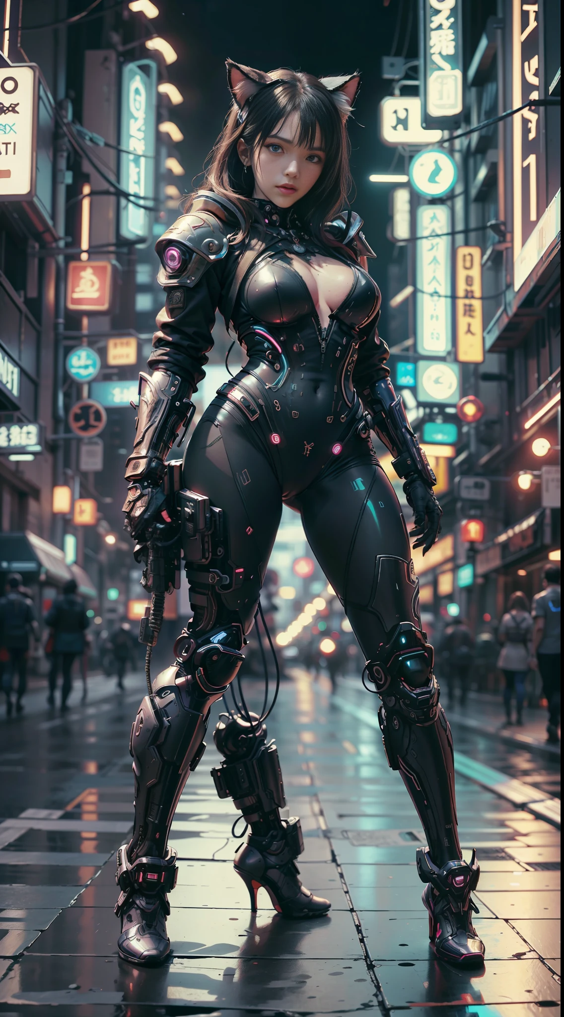 Beautiful full body photograph of Reika Shimohira as a Nekomata catgirl, slender body, slender hips, big breasts, wearing full ((heavy cyberpunk armor)) with neon trim, (colorful tech jacket)), cat ears, cat tail, science fiction, cyberpunk city in the background, Gantz, In the Style of Cyberpunk 2077, Ultra realistic photo, masterpiece, best quality, CG, wallpaper, HDR, high quality, high-definition, extremely detailed, {beautiful detailed face}, {beautiful detailed eyes}, (detailed light){{intricate detail}}, {highres}, ((detailed face)), neon light, chiaroscuro, key visual, intricate detail, highly detailed, breathtaking, vibrant, cinematic