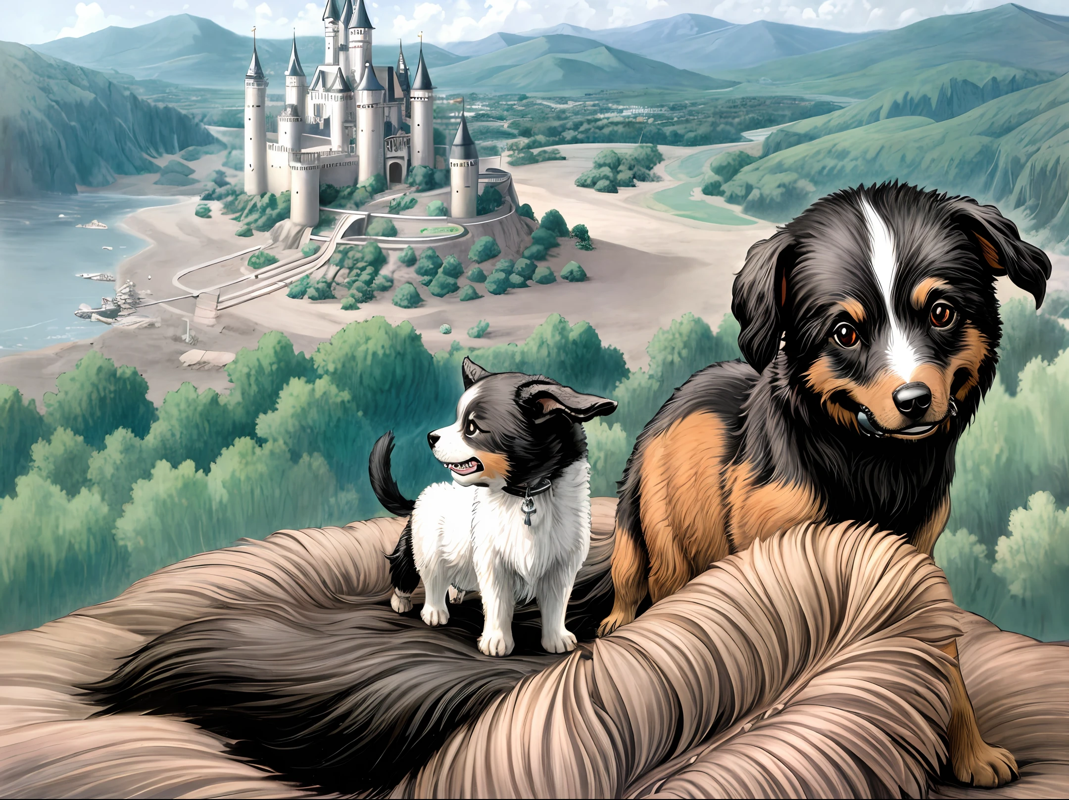 A shitzu dog on top of a castle