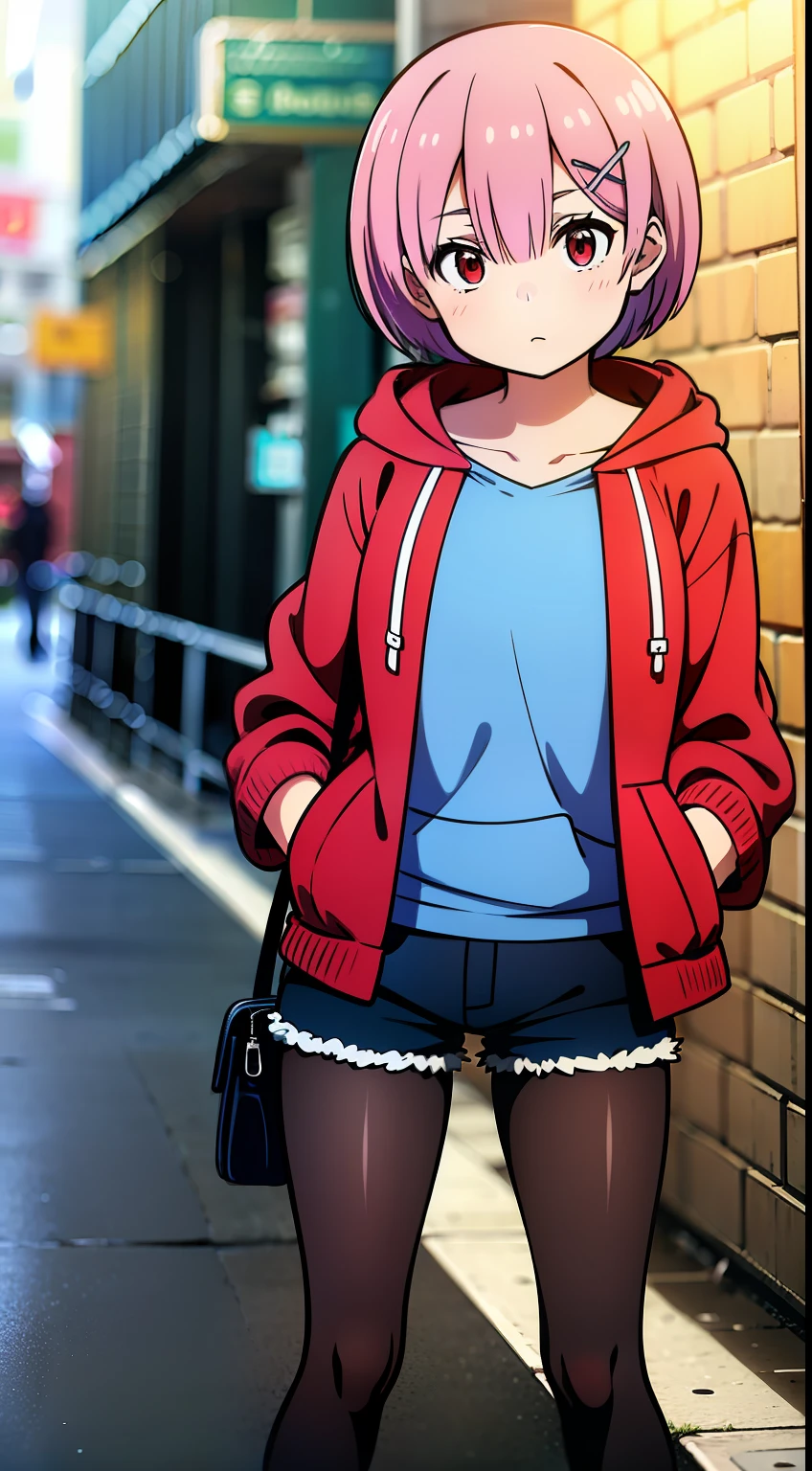 masterpiece, rem rezero, pink hair, red eyes, detailed eyes, boring face, boring eyes, red jacket hoodie, blue shirt, dark shorts, pantyhose, casual oufit, crossed arms, standing in the middle of the street, legs apart, looking at the viewer,