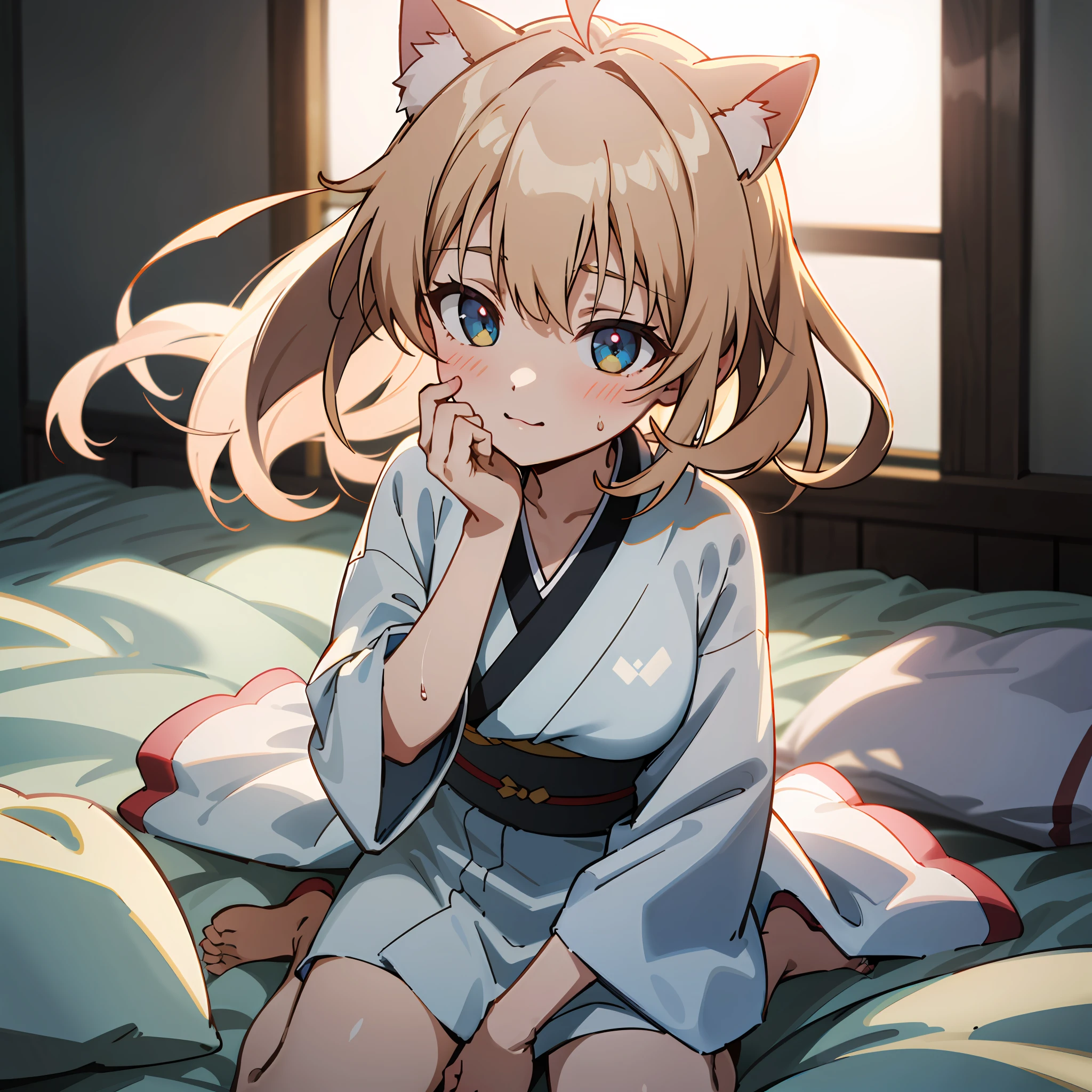 (Super detailed, high resolution, Kyoto animation style anime illustrations, highest quality official art featured: 1.6), beautiful face, eyes, highly detailed body, very detailed hair, lovely hands, perfect hands, beautiful hands, (1 girl: 1.4), (Chibi: 0.8), (cute: 1.2), (cute: 1.2), (1 loli: 1.1), cat ears, (seduction: 1.2), elegance, (blush: 0.7), floating hair, ahoge, dramatic angle, (Teenage girl undressed in yukata: 1.2), July 7, (Dark Japanese-style room, dark walls: 1.3), Futon, Japanese-style bed, July 7, Early summer night, Hot night, Unfasten belt, take off obi, Wariza, sit on futon, AM 2:00, (embarrassing: 1.3), at night, wet skin, taking off breasts, naked hide with hands,