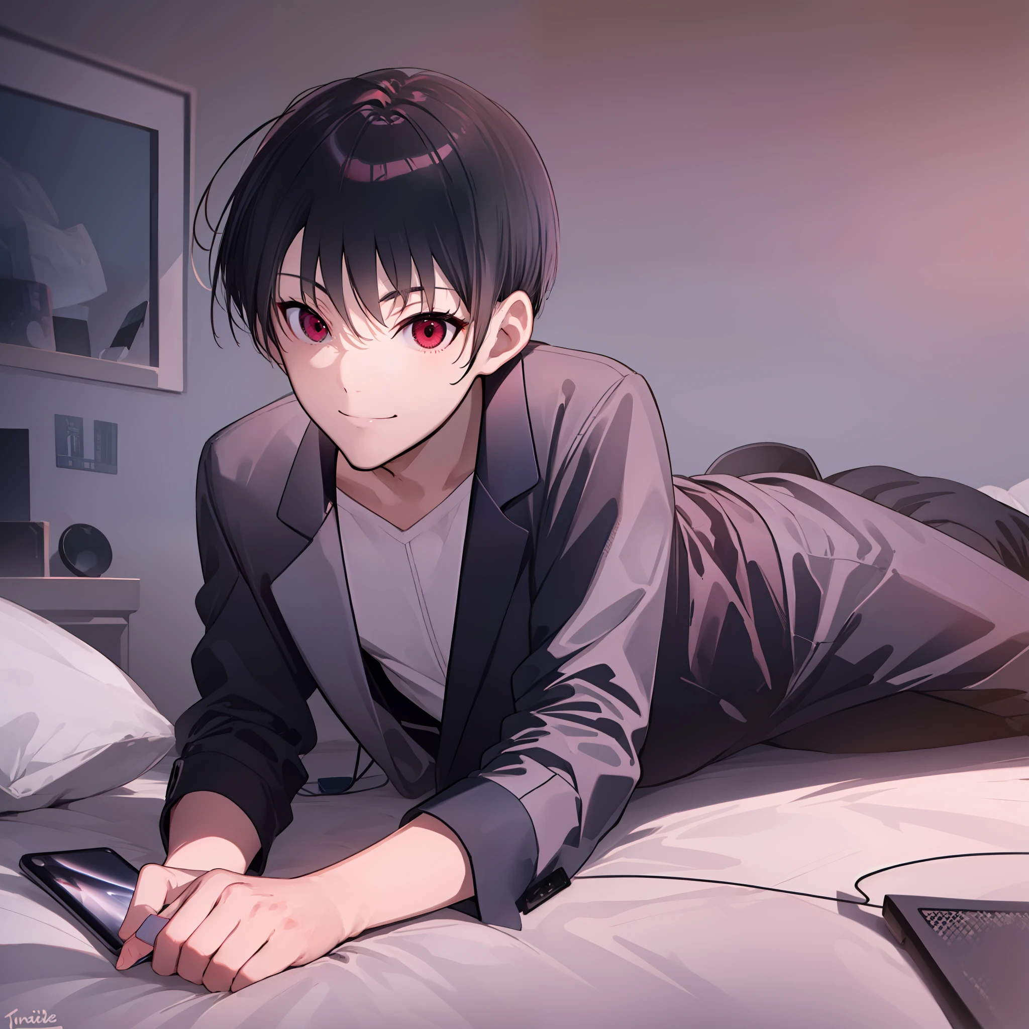 ((masterpiece)), ((best quality)), highres, There's only one person, 1boy, kiyotaka ayanokoji, 15-year-old age boy, wears a sleepsuit with long black pants, red eyes, short black hair, anatomically correct full body, normal legs, wears black sandals, ((He's lying on his back on the bed looking at his phone inside his room)), ((he has a phone in his right hand)), ((He has a smile)), ((He's looking at his phone)), ((complete detached escenario)), (((mystery)), ((romantic)), ((nocturnal environment)), ((Low light))
