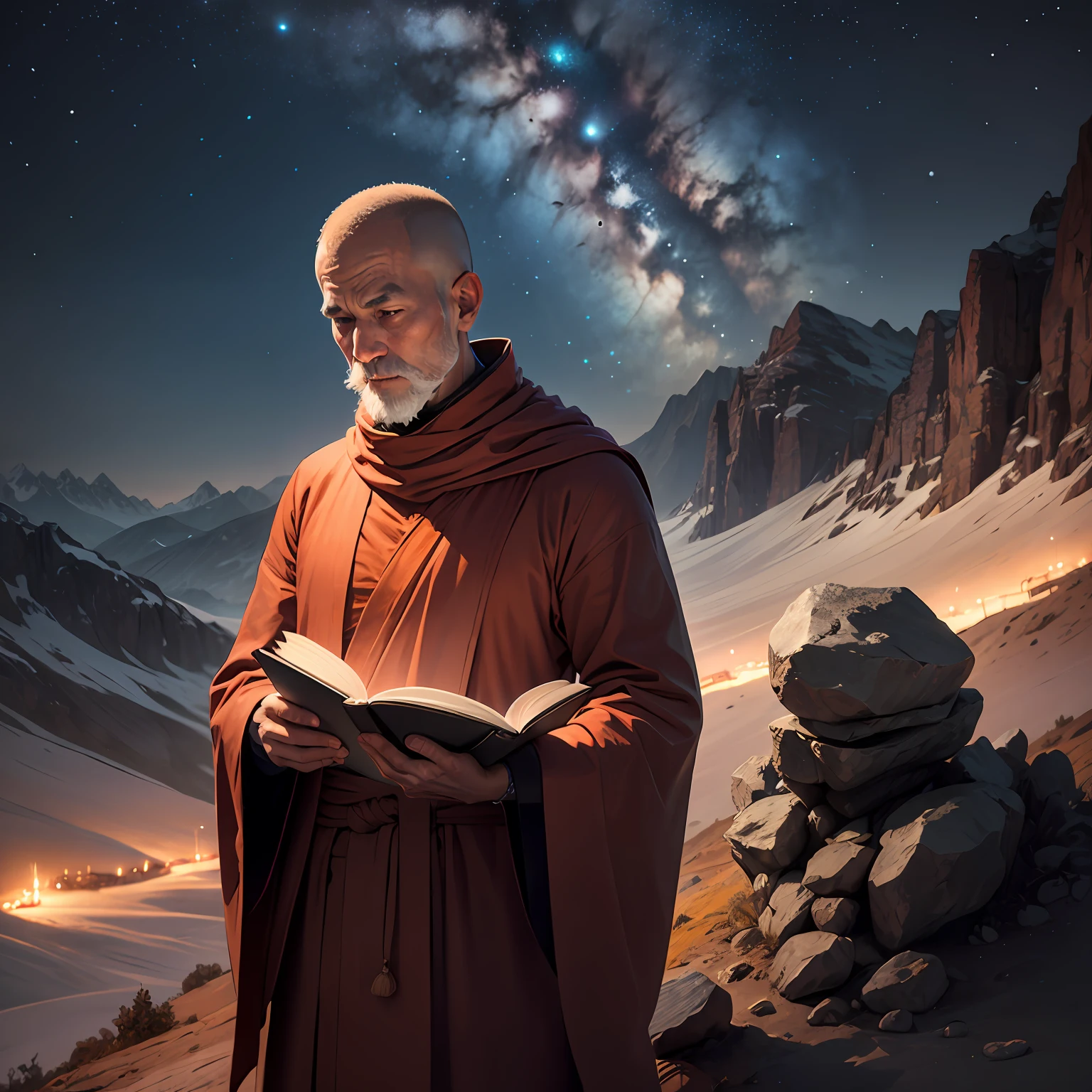 Monk with book in hand on mountain at night --auto