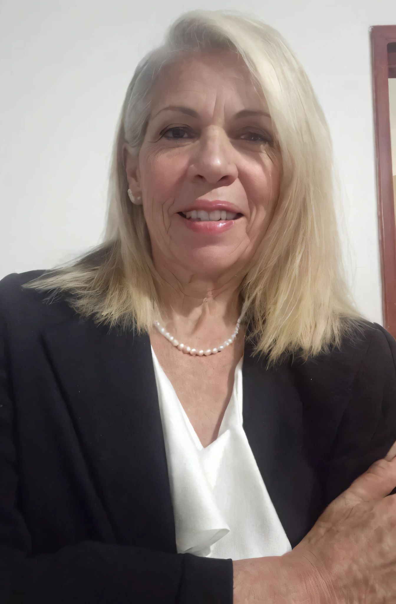 mature woman, blond hair, face without wrinkles, preserve original face, without wrinkles on face and hands.