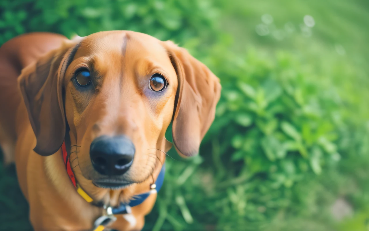 There is a brown dog that is sitting on the grass, dachshund, portrait of a dachshund, looking straight at the camera, looking at the camera, looking directly at the camera, looking directly at the viewer, crying, looking away from the camera, looking directly at the camera, looking defiantly at the camera, a handsome, looking directly at the camera,  ((high quality, masterpiece: 1.4)), ((noon, sky background: 1.2, majestic clouds)), better lighting , absurdities, high details, intricate, intricate details, sharp focus, reflections of screen space, RTX, edge lighting, edge light, edge lighting, better lighting