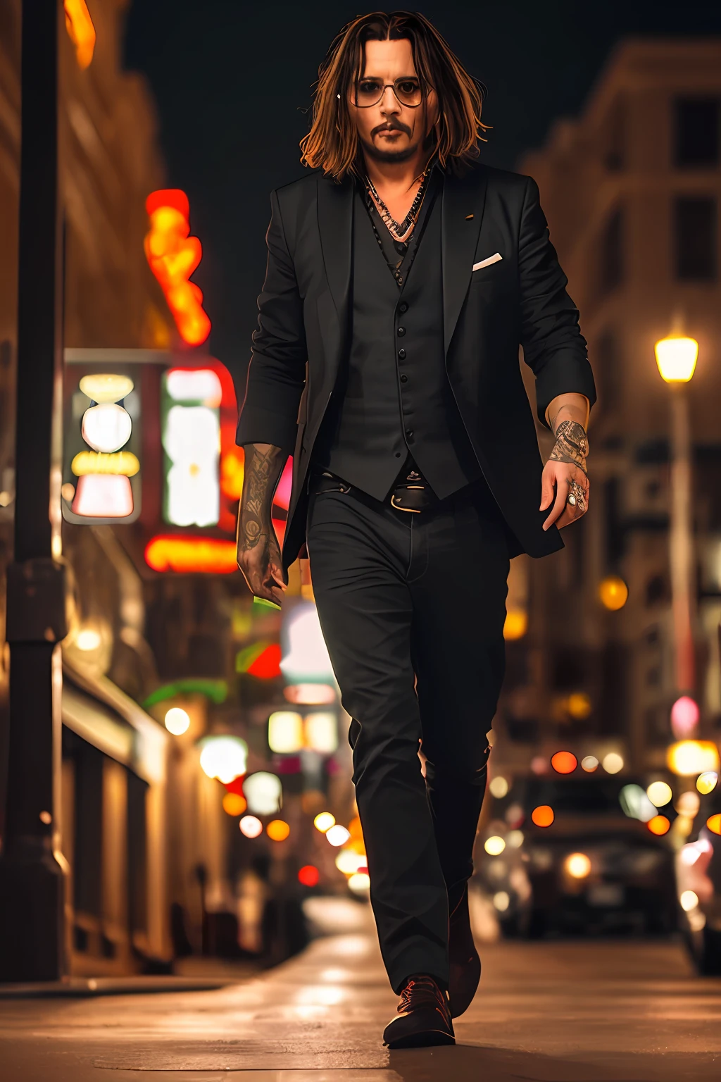 masterpiece, johnny depp walking through the city of las vegas , 2080(night between fireflies), (high detail: 1 1), rough face, natural skin, high quality, nsfw, beautiful eyes, (detailed face and eyes) piercing noise, (face: 1 2), noise, extra, real photo, PSD, Lamp film photography, sharp focus, Contrast lighting, Detailed skin, High resolution 8k, Crazy detail,  realistic, Professional photography, 8k UHD, SLR camera, Soft lighting, high quality, Film grain, Fujifilm XT3