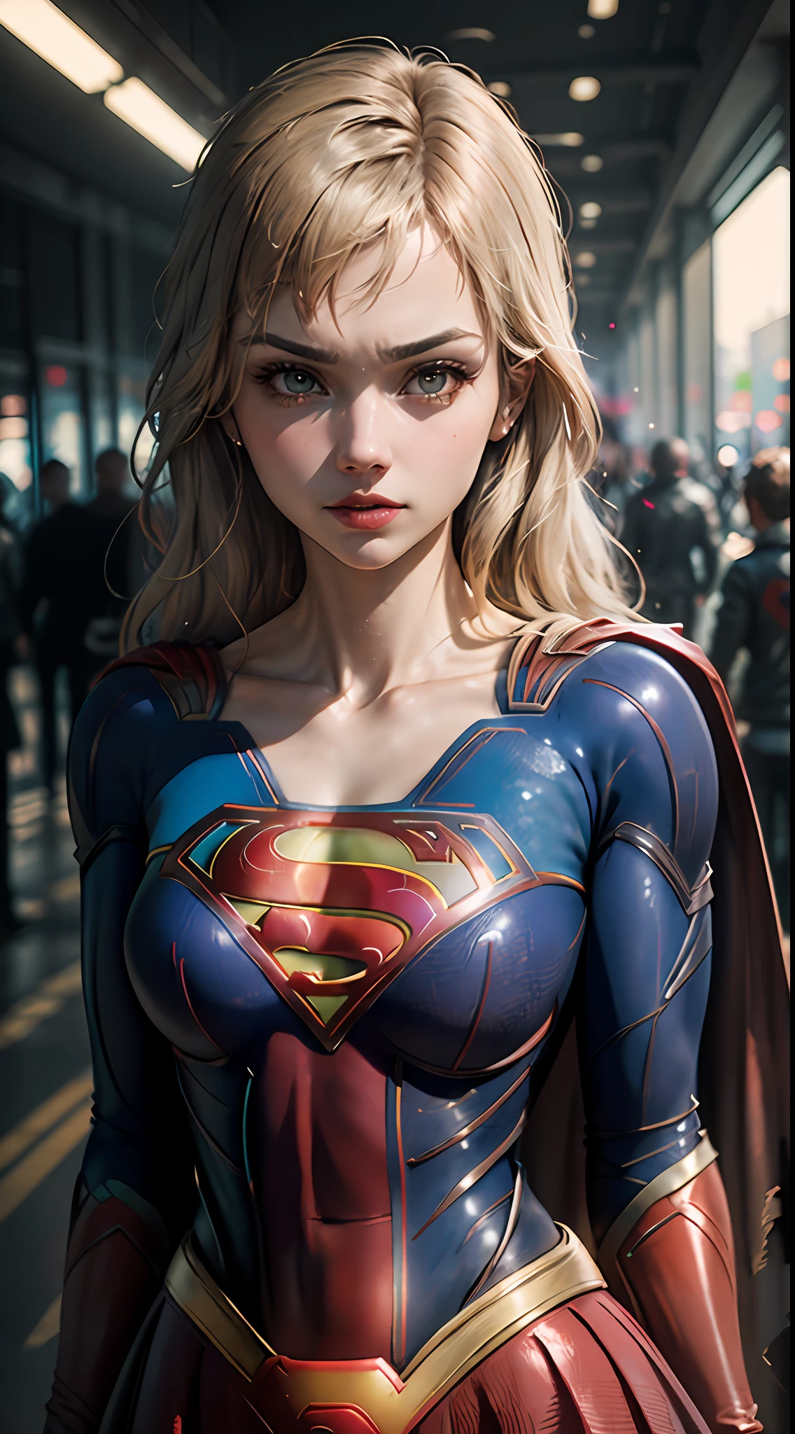 ((Best Supergirl Quality)), ((Masterpiece)), (Detailed: 1.4), 3D, a Detailed Image to Actress Imogen Poots Cyberpunk,HDR (High Dynamic Range),Ray Tracing,NVIDIA RTX,Super-Resolution,Unreal 5,Subsurface Scattering, PBR Texture, Post-processing, Anisotropic Filtering, Depth of Field, Maximum Clarity and Sharpness, Multilayer Textures, Albedo and Specular Maps, Surface Shading, Accurate Simulation of Light-Material Interaction, Perfect Proportions,  Octane Render, Two-Tone Lighting,Wide Aperture,Low ISO,White Balance,Rule of Thirds,8K RAW, using Superman S symbol on chest. Cyberpunk.