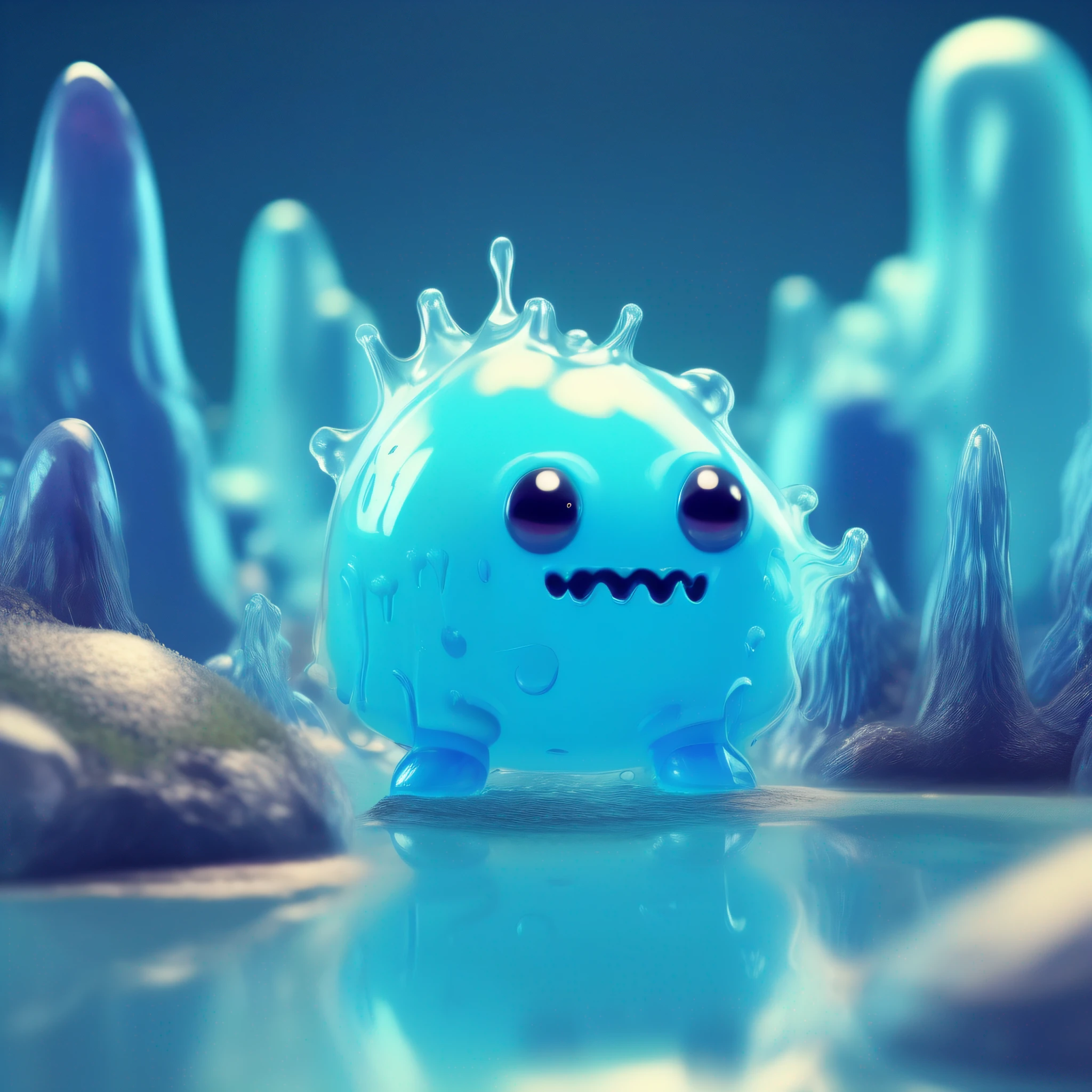 image of a little monster made of blue slime, transparent, rounded shape, harmless cute appearance, happy expression, 1 little slime monster alone in a surreal landscape of another world