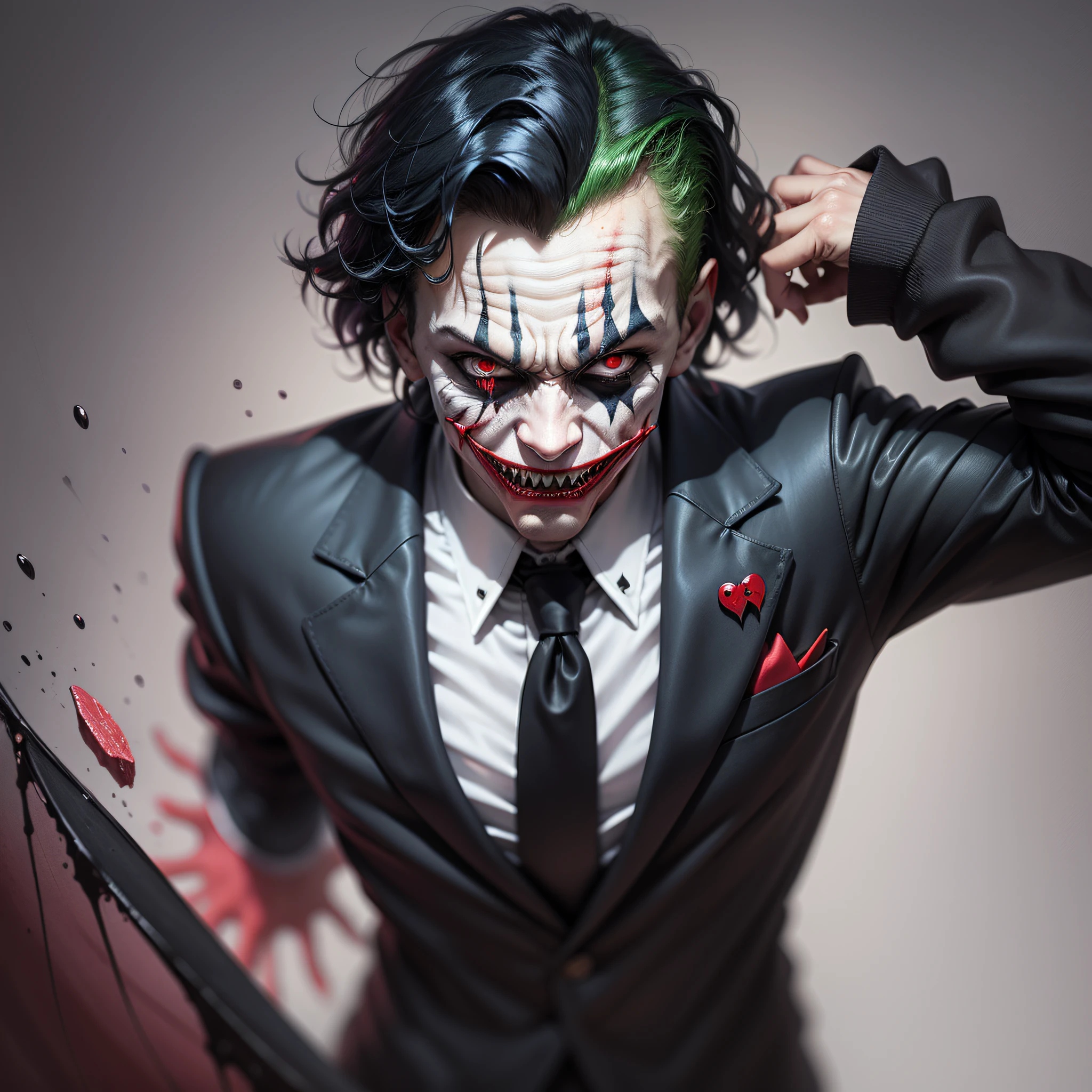 Dark joker man, sorting sharp teeth, red eyes black clothing