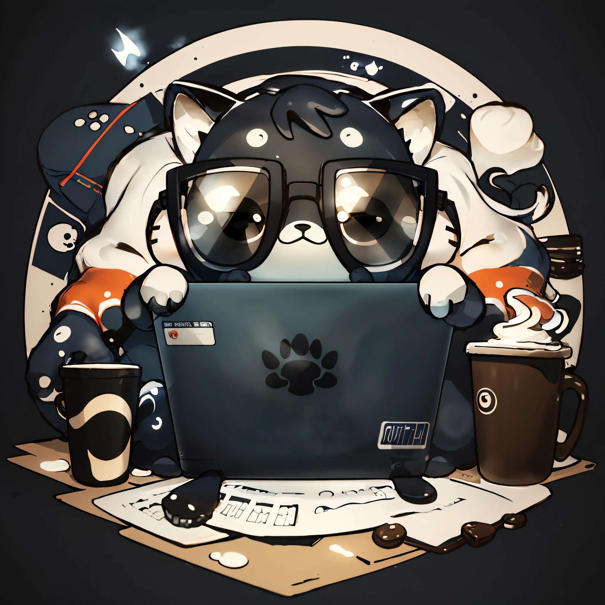 cute00d, sitting, glasses, cup, sparkle, animal, glasses, black-framed eyewear, computer, laptop, coffee,