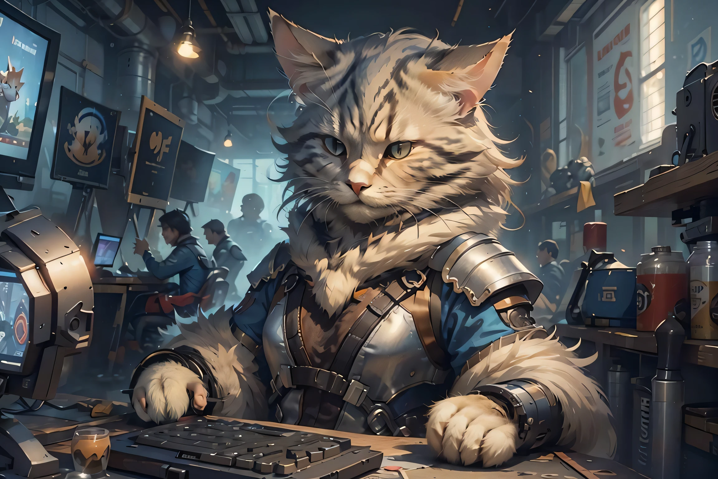 gamer c4ttitude, strategic, focus-eyed,fur, challenger, agile, engaging, game-themed bodysuit,nylon, quick paws,cybernetic arena, digital realm, strategy, showdown, gaming scene,