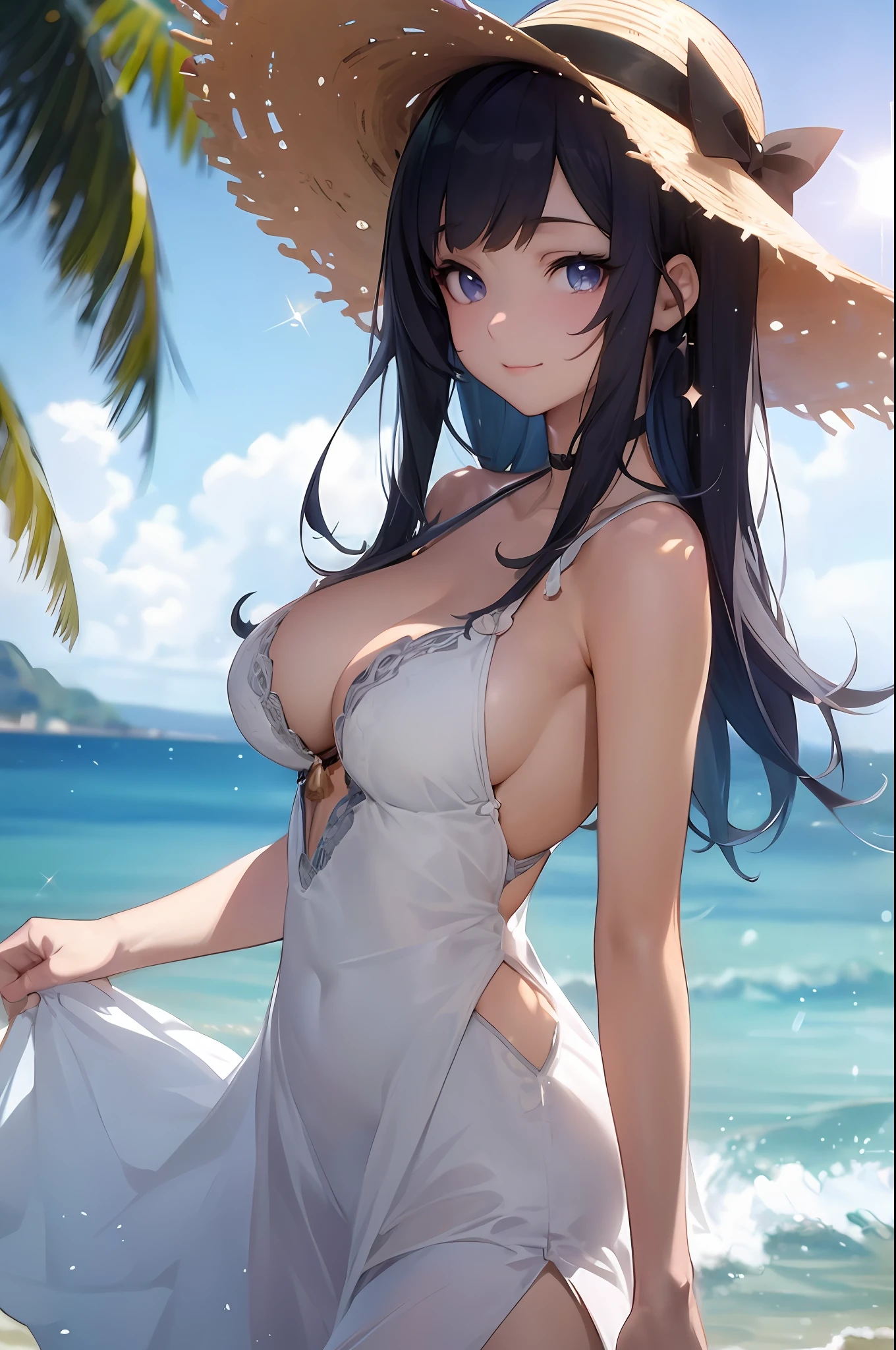 anime girl in a white dress and hat on the beach, guweiz, in the beach, at a beach, artwork in the style of guweiz, seductive anime girl, at the beach, smooth anime cg art, on a sunny beach, detailed digital anime art, guweiz on artstation pixiv, at a tropical beach