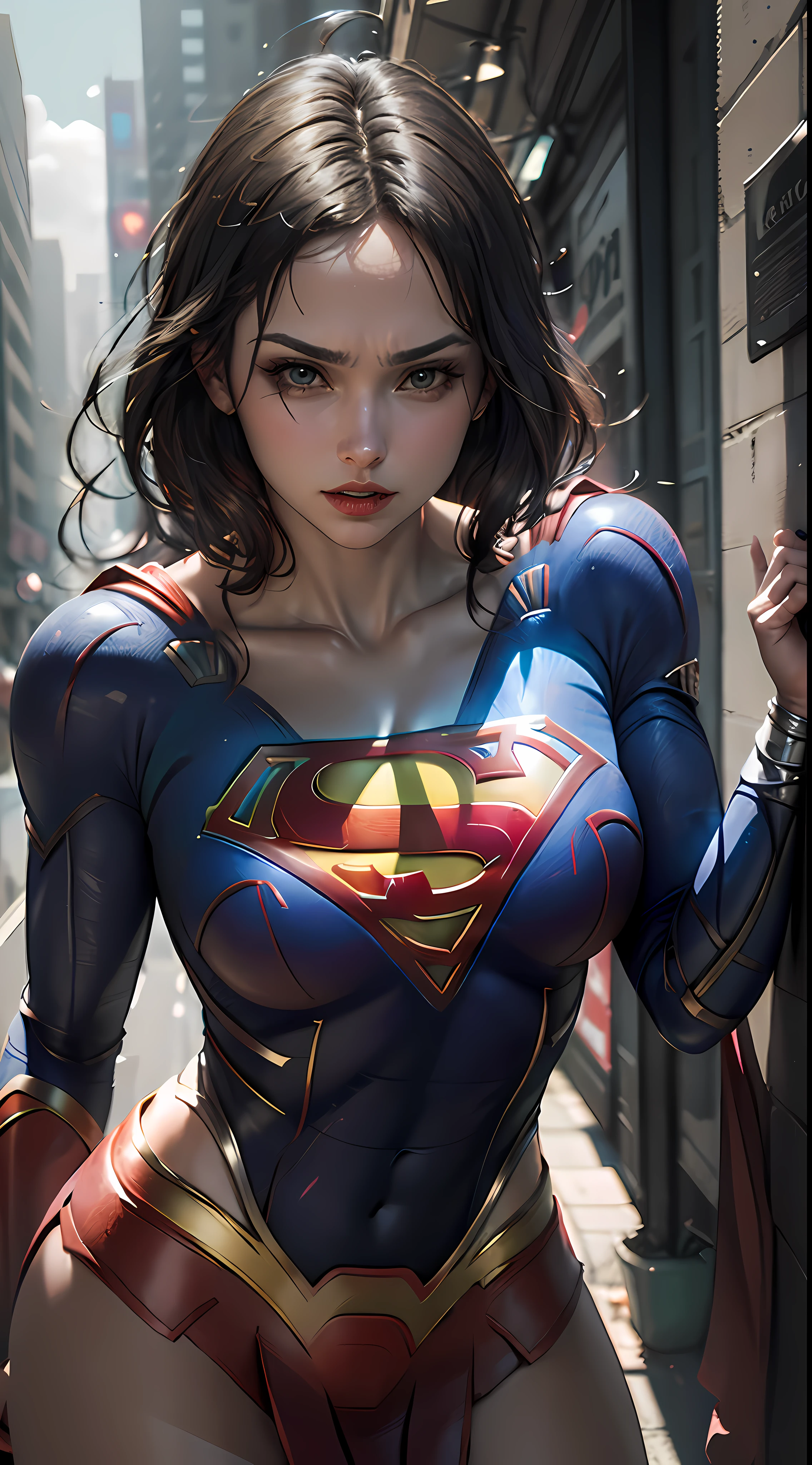 ((Best Supergirl Quality)), ((Masterpiece)), (Detailed: 1.4), 3D, a Detailed Image to Actress Imogen Poots Cyberpunk,HDR (High Dynamic Range),Ray Tracing,NVIDIA RTX,Super-Resolution,Unreal 5,Subsurface Scattering, PBR Texture, Post-processing, Anisotropic Filtering, Depth of Field, Maximum Clarity and Sharpness, Multilayer Textures, Albedo and Specular Maps, Surface Shading, Accurate Simulation of Light-Material Interaction, Perfect Proportions, Octane Render, Two-Tone Lighting,Wide Aperture,Low ISO,White Balance,Rule of Thirds,8K RAW, using Superman S symbol on chest. Cyberpunk.