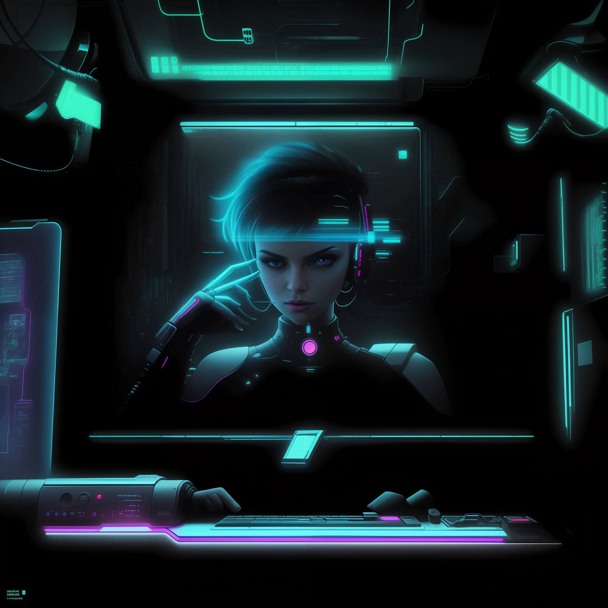 (Masterpiece), ((high quality)), A computer with the image of a futuristic digital woman on screen, looking at the user, looking forward, countenance of who is asking a question, the surrounding environment is a CPD room, in a data center room, room with futuristic technology equipment, and a neon light,  cyberpunk art style, well-lit cyberpunk illustration, cyberpunk illustration, sci-fi digital art illustration, cyberpunk digital art, detailed cyberpunk illustration, cyberpunk art style, cyberpunk style, advanced cyberpunk art, portrait of a cyberpunk machine, cyberpunk vibes, cyberpunk theme art, cyberpunk aesthetic, has cyberpunk style