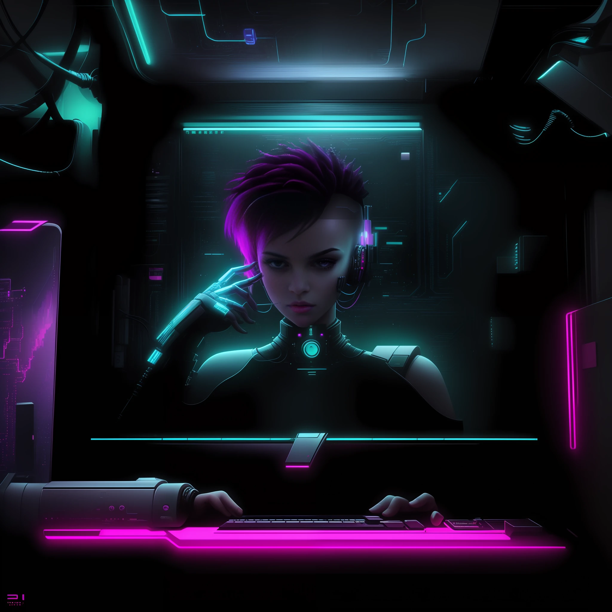 (Masterpiece), ((high quality)), A computer with the image of a futuristic digital woman on screen, looking at the user, looking forward, countenance of who is asking a question, the surrounding environment is a CPD room, in a data center room, room with futuristic technology equipment, and a neon light,  cyberpunk art style, well-lit cyberpunk illustration, cyberpunk illustration, sci-fi digital art illustration, cyberpunk digital art, detailed cyberpunk illustration, cyberpunk art style, cyberpunk style, advanced cyberpunk art, portrait of a cyberpunk machine, cyberpunk vibes, cyberpunk theme art, cyberpunk aesthetic, has cyberpunk style
