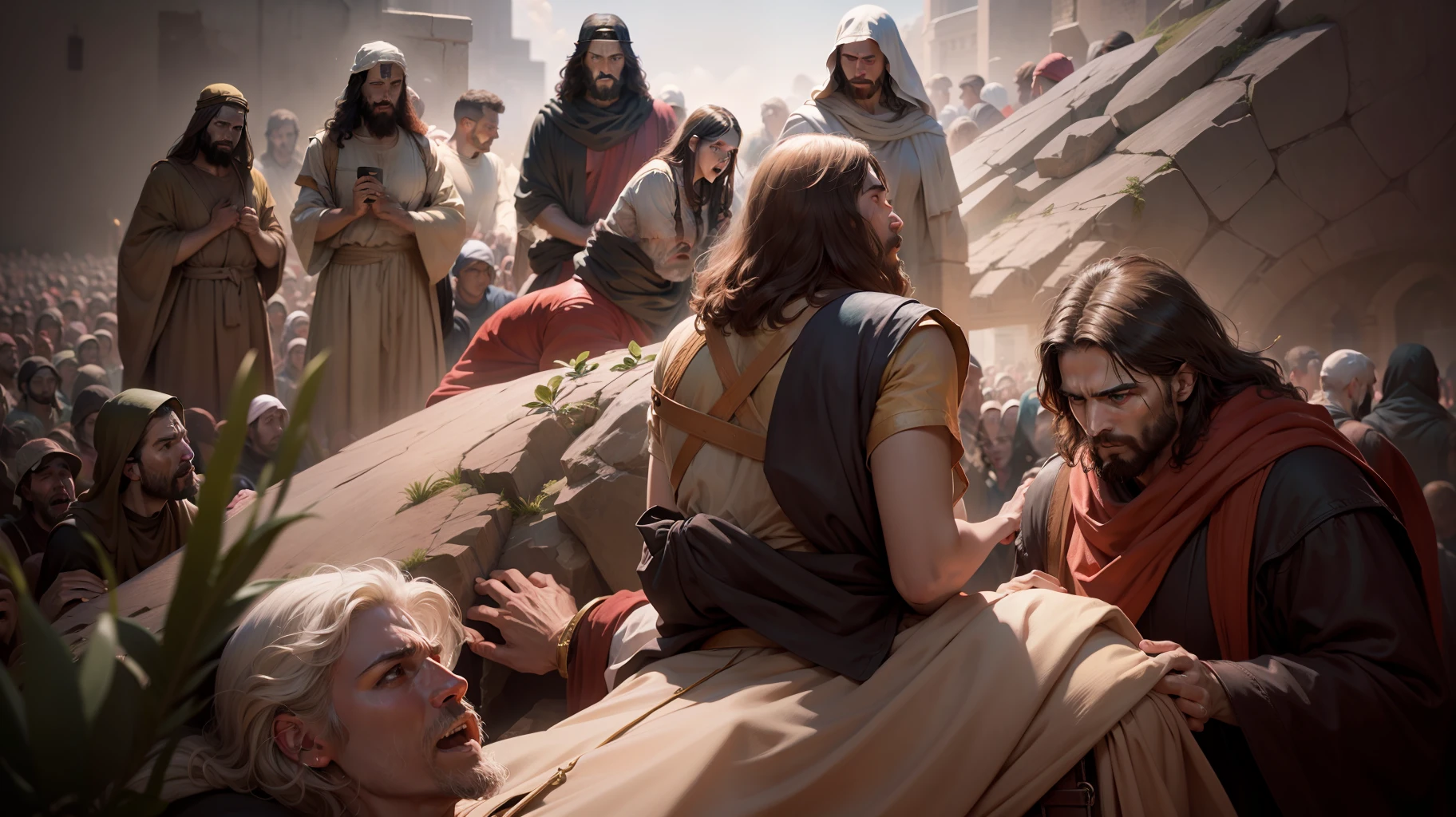 Jesus in the crowd, biblical illustration, epic biblical representation, super realistic image, cinematic lighting, beautiful representation, realistic, 4k, hdr