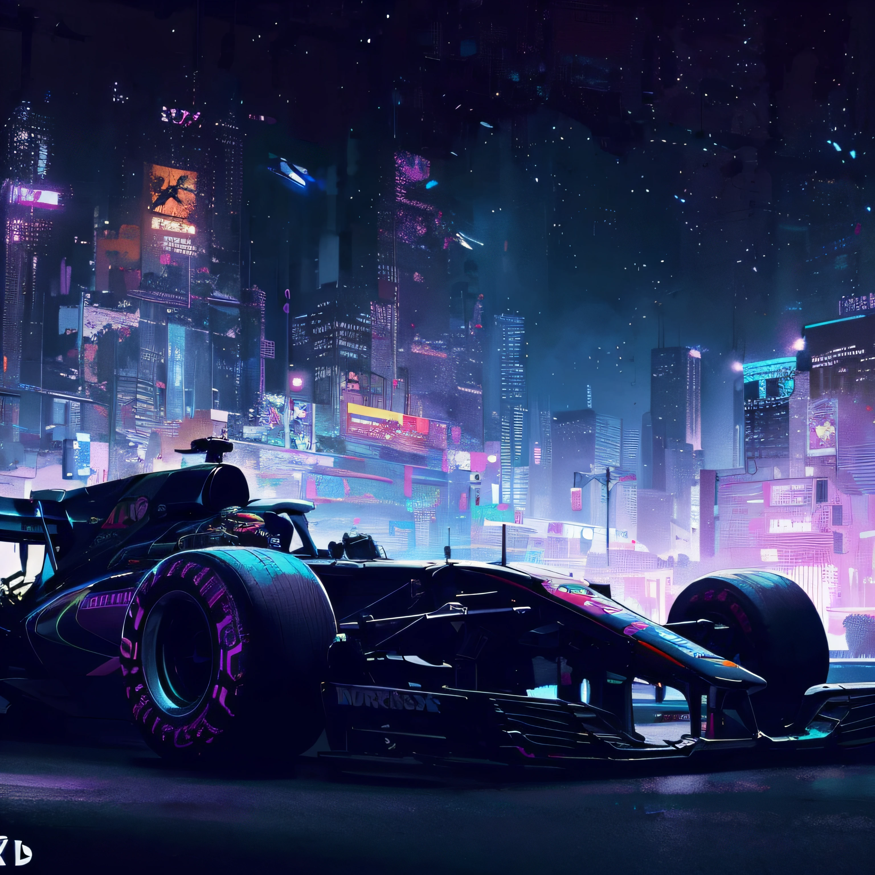 a close up of a racing car in a city at night, cyberpunk art style, cyberpunk vibe, cyberpunk garage on jupiter, cyberpunk themed art, cyberpunk digital art, cyberpunk car, cyberpunk art, cyberpunk vibes, cyberpunk concept art, cyberpunk art 2077, cyberpunk background, cyberpunk illustration, cyberpunk artstyle, high quality cyberpunk art, dark cyberpunk illustration