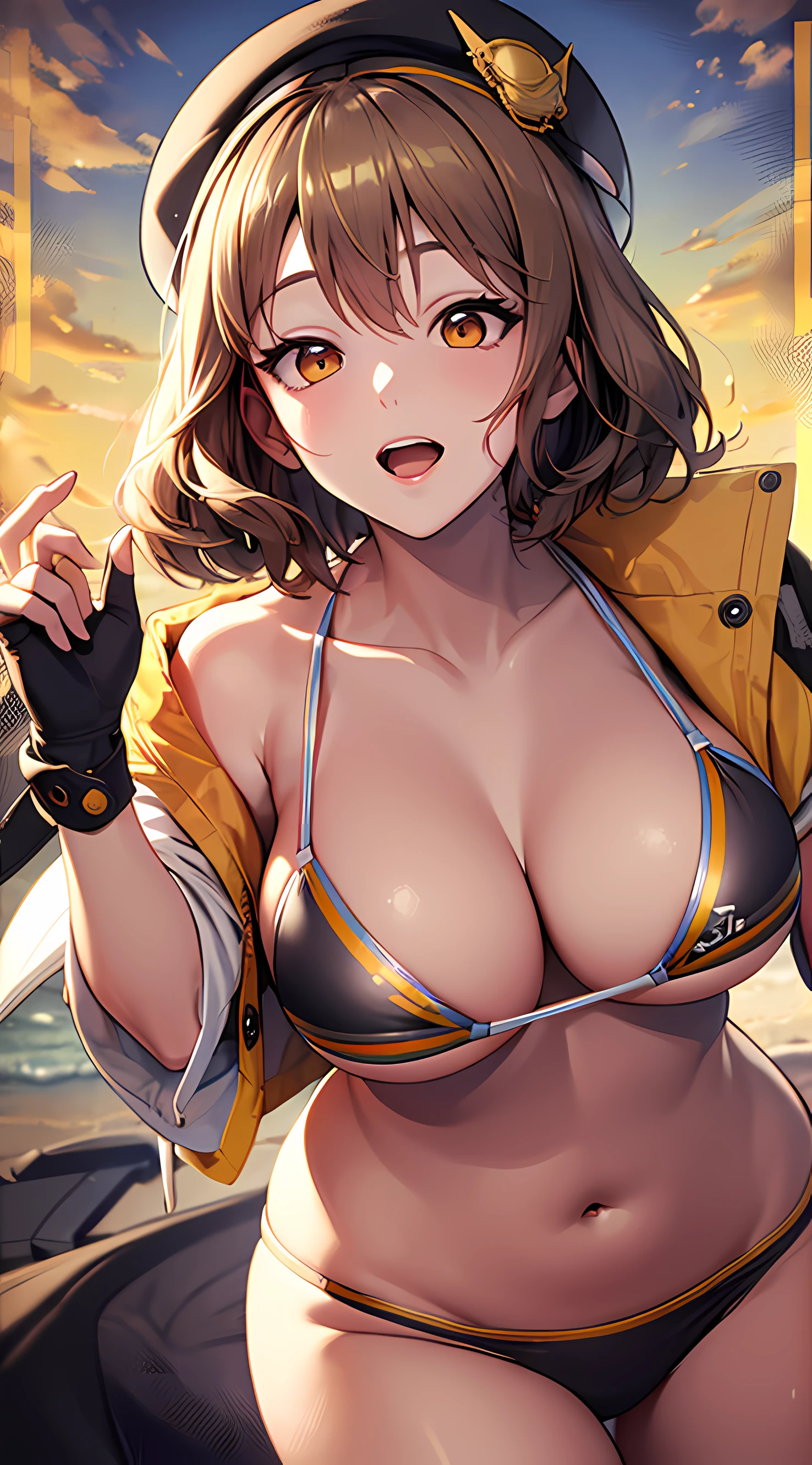 Best Quality, Ultra-Detailed,,1girl, Solo, Nikkeanis, Cross-Eyed, short_hair, open_mouth, Big Breasts, Very Bending Down, Near, Big Thigh, brown_hair, hair_ornament, brown_eyes,yellow_eyes, Beret, Cowboy Shot, (Bikini:1.3), Beach, Summer, Silky Pale White, Shiny Skin