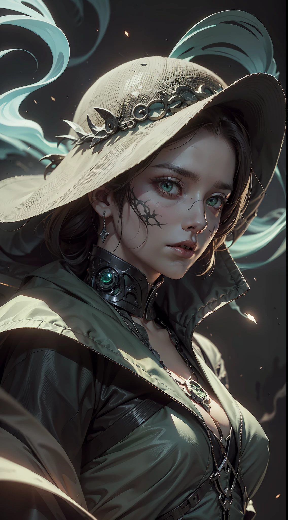 (very detailed 8k wallpaper), terrifying necromancer medium shot, ominous shadows, green smoke, intricate, high detail, dramatic