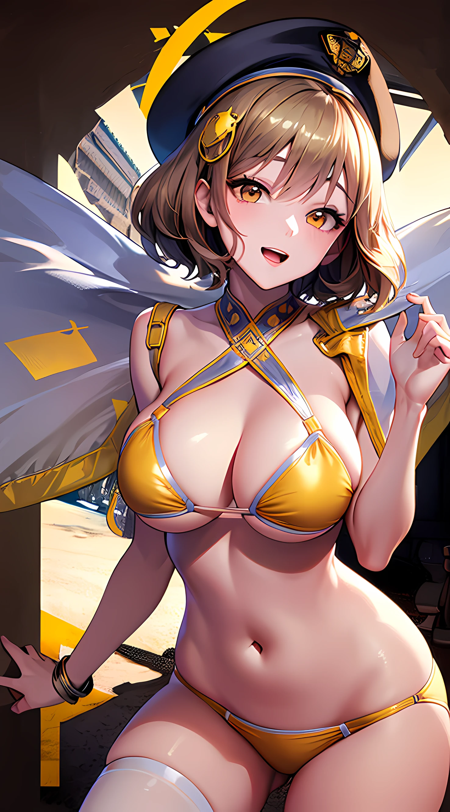 Best Quality, Ultra-Detailed,,1girl, Solo, Nikkeanis, Cross-Eyed, short_hair, open_mouth, Large breasts, Very Bending Down, Near, Big Thigh, brown_hair, hair_ornament, brown_eyes,yellow_eyes, Beret, Cowboy Shot, (Bikini:1.3), Beach, Summer, Silky Pale White, Shiny Skin