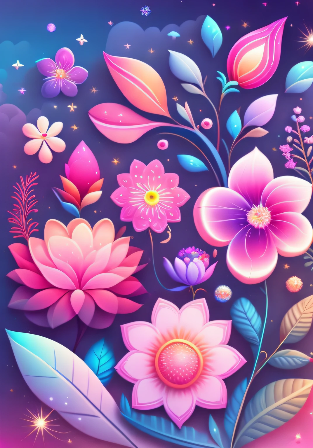 Various beautiful flowers, cartoon illustration, sky in a gradient of vibrant colors with twinkling stars. Immerse yourself in a mystical world full of magical elements (weighted at 0.9).