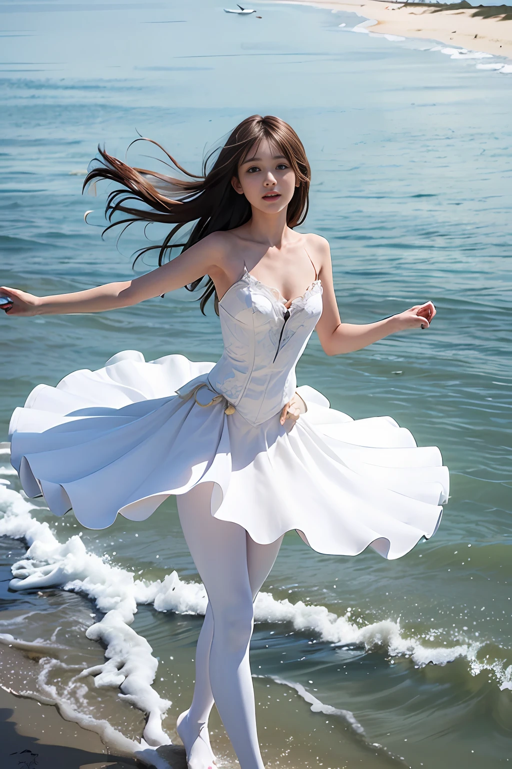 young girl looking back and standing on a bed, splayed out legs,(whole body:2),dynamic angle, open arms, double eyelids, skillful hands, 4K, mega large breasts, high resolution, masterpiece, top quality, fine skin, sharp focus, collarbone, soft lighting, [:( detailed face: 1.2): 0.2], delicate body, small hips, thin waist, top quality, nose with straight nose, slender, thigh gap, petite figure, (thigh: 0.1) , thin waist, thin lips, beautiful face, white pantyhose, white tutu, camel toe, shiny skin, sunny ocean background,  (very detailed toes: 2), very long floating hair, no shoes