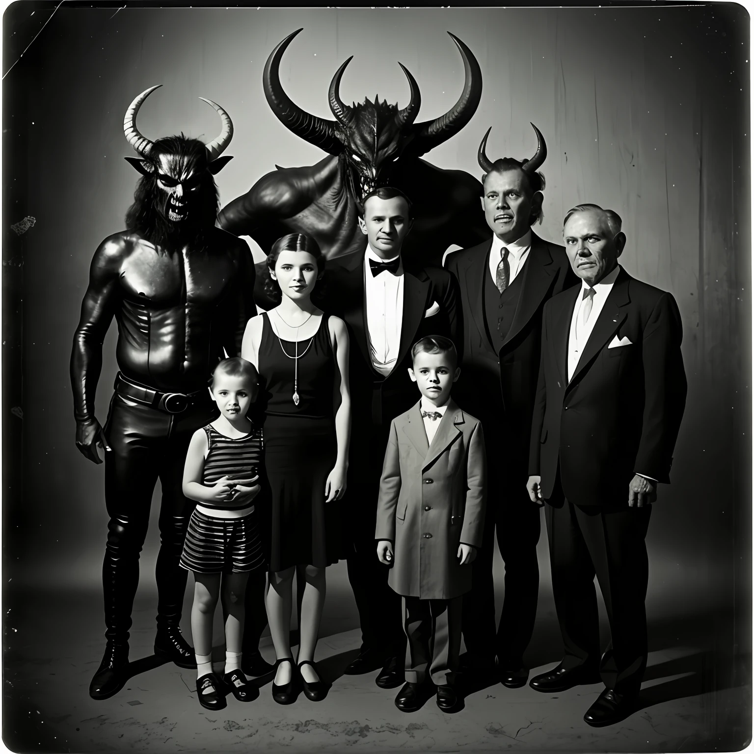 An old black and white photo from the 1930s of a family standing with a black, sharp-toothed, horned, scary devil-tailed demon, a father, a mother, a son and a realistic daughter along with them --auto