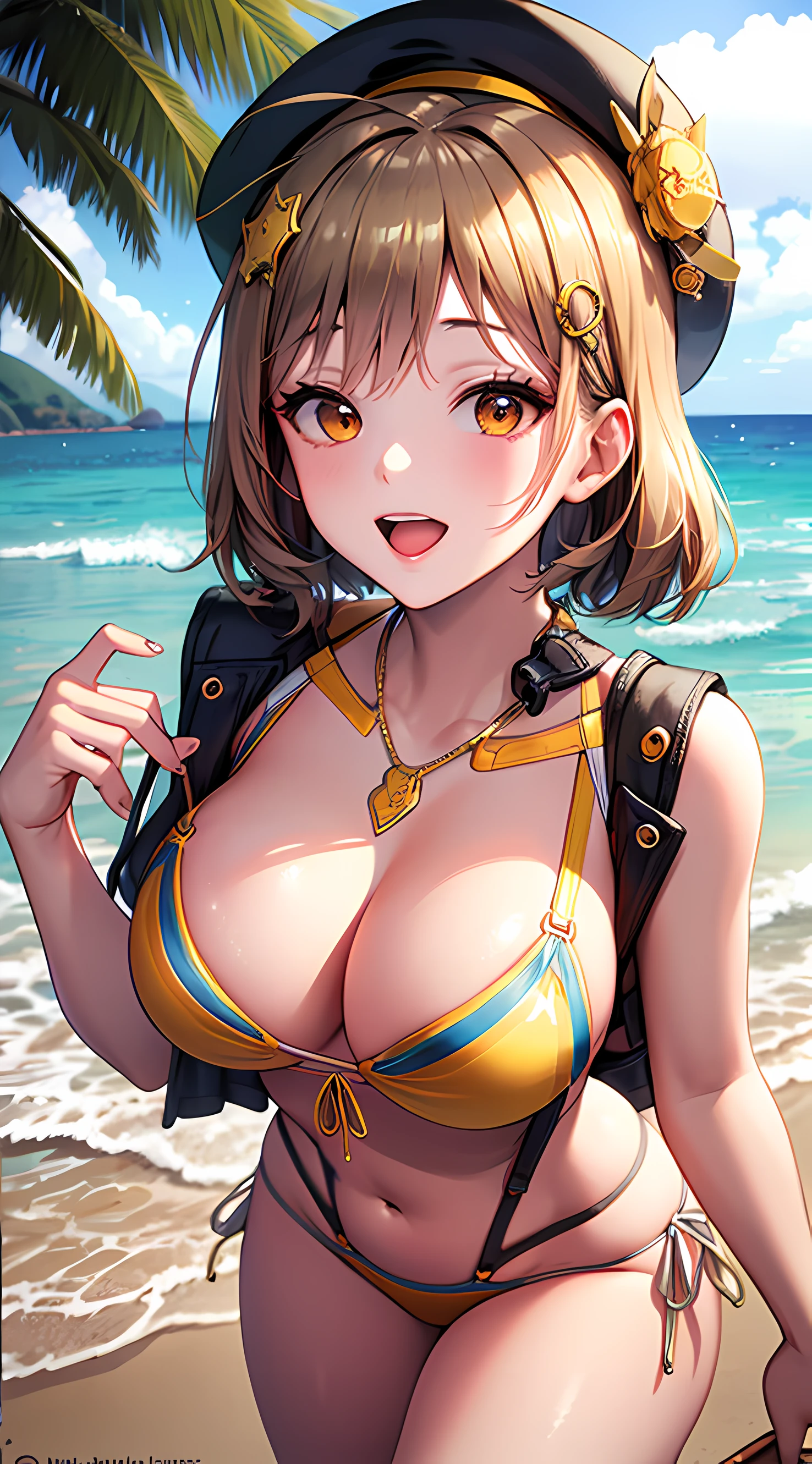 Best Quality, Ultra-Detailed,,1girl, Solo, Nikkeanis, Cross-Eyed, short_hair, open_mouth, Big Breasts, Very Bending Down, Near, Big Thigh, brown_hair, hair_ornament, brown_eyes,yellow_eyes, Beret, Cowboy Shot, (Bikini:1.3), Beach, Summer, Silky Pale White, Shiny Skin