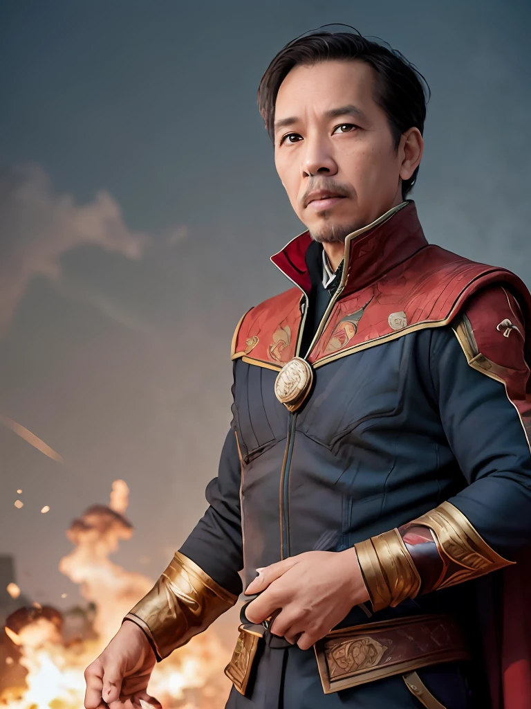 Doctor strange, 4k, Best quality, masterpiece, ultra high res, beautiful lighting, (realistic, photo-realistic:1.4), realistic background, jokowi, 1man, 50 years old, standing potrait photo, Long shot, wide shot, full shot, explosion background, use Fire-and-forget Destruction spell on right hand
