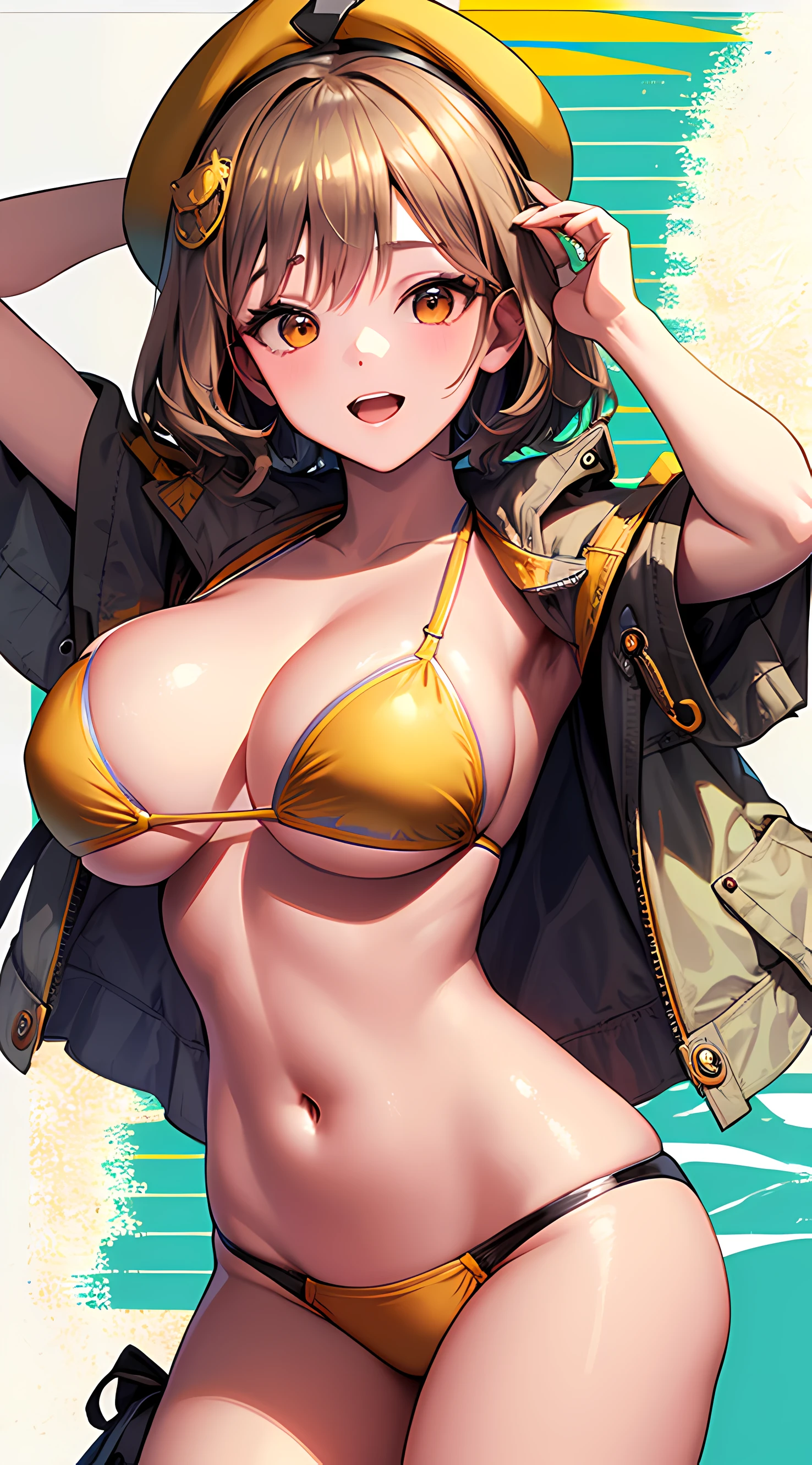 Best Quality, Ultra-Detailed,,1girl, Solo, Nikkeanis, Cross-Eyed, short_hair, open_mouth, Big Breasts, Very Bending Down, Near, Big Thigh, brown_hair, hair_ornament, brown_eyes,yellow_eyes, Beret, Cowboy Shot, (Bikini:1.3), Beach, Summer, Silky Pale White, Shiny Skin