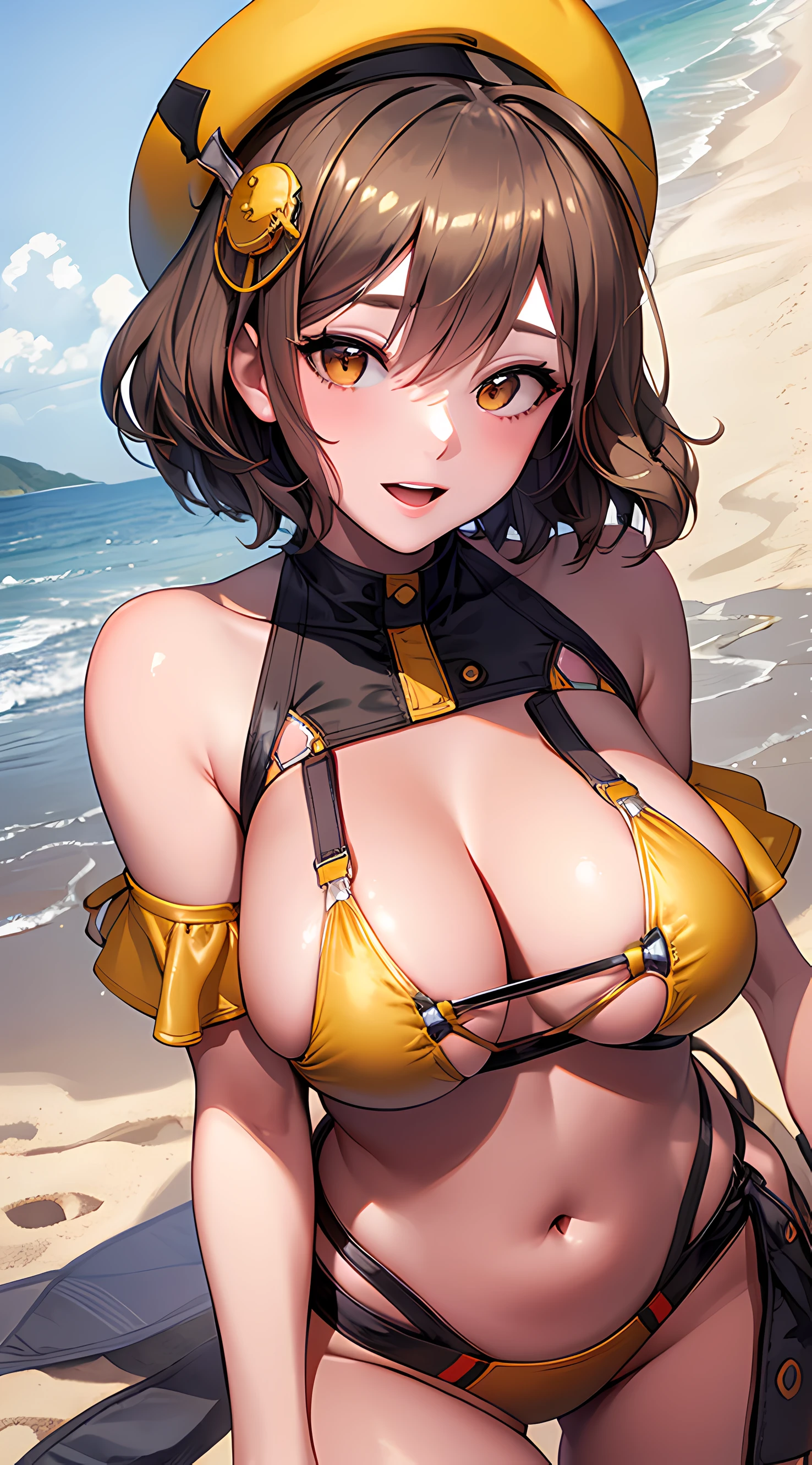 Best Quality, Ultra-Detailed,,1girl, Solo, Nikkeanis, Cross-Eyed, short_hair, open_mouth, Big Breasts, Very Bending Down, Near, Big Thigh, brown_hair, hair_ornament, brown_eyes,yellow_eyes, Beret, Cowboy Shot, (Bikini:1.3), Beach, Summer, Silky Pale White, Shiny Skin