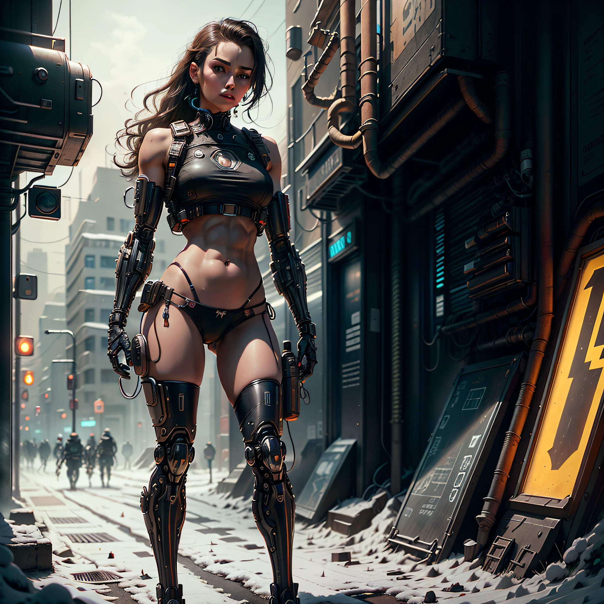 extremely detailed masterpiece:1. 2), (best quality:1. 2), (intricate details:1. 1), (photorealistic:1. 4), RAW, Ultra High Resolution, cybernetic biochemical cyberpunk 1girl, looking at viewer, orange, (crop top:1. 8), (skinny, flat chest, small breasts, abs, toned:1. 5) sharp chine, fine details, fine-face, pretty face, (mechanical parts:1. 5)smoke, complex, neotokyo, synthwave, aesthetics, ((standing outside in snowy city street)), stunning modern urban upscale environment, ultra realistic, concept art, elegant, highly detailed, intricate, sharp focus, depth of field, f/1. 8, 85mm, medium shot, mid shot, (centered image composition), (professionally color graded), ((bright soft diffused light)), volumetric fog, trending on instagram, trending on tumblr, hdr 4k, 8k, --auto