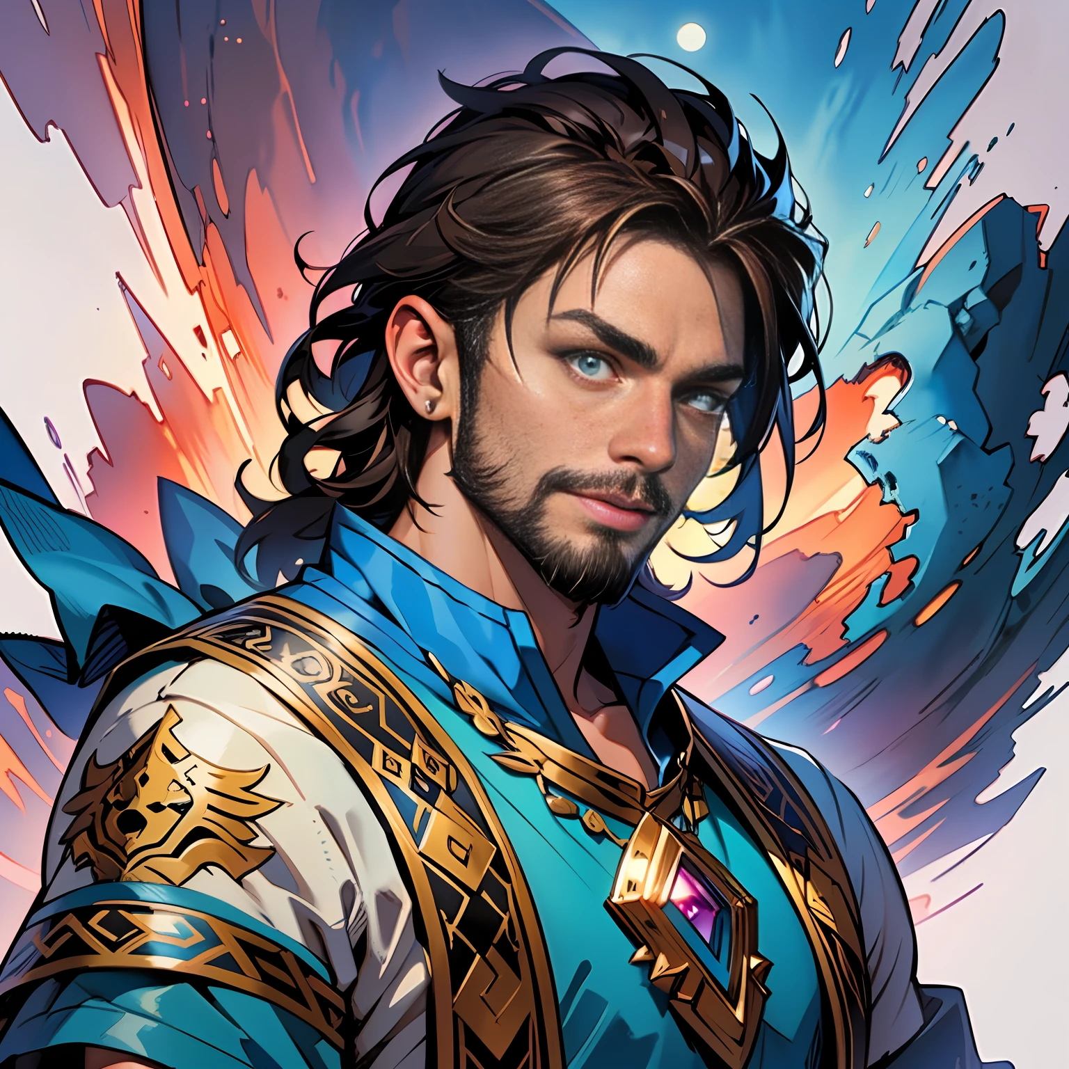 closeup of 1man, gypsy men with short beard, {a moonlit night}, (good hands:1.5), (5 fingers: 1.5),(good anatomy:1.5), young male gypsy, young male vistani, fantasy, (full gypsiy clothes:1.5), face with a friendly smile, (body full clothed with gypse clothes), hdr, photographic, mature male, masterpiece, fantasy art, character modeling, detailed, character design, dungeons and dragons, character modeling, colorful, photographic, nvidia ray tracing, hdr, 8k, curse of sthard vistani character, beautiful face, beautiful sky, (detailed fantasy background), (ink and watercolor: 1.2), (illustration), classic art: 0.4, detailed, intricate, (fantasy art), muted color: 0.2, best quality, good anatomy, good composition, good proportions, good design, dynamic pose, good pose, realistic sky, realistic backgrounds, perfect lighting, perfect shading, (cinematic), dark fantasy illustration, (high resolution: 1.2), (highest quality, masterpiece:1.3), (empty hands:1.5)