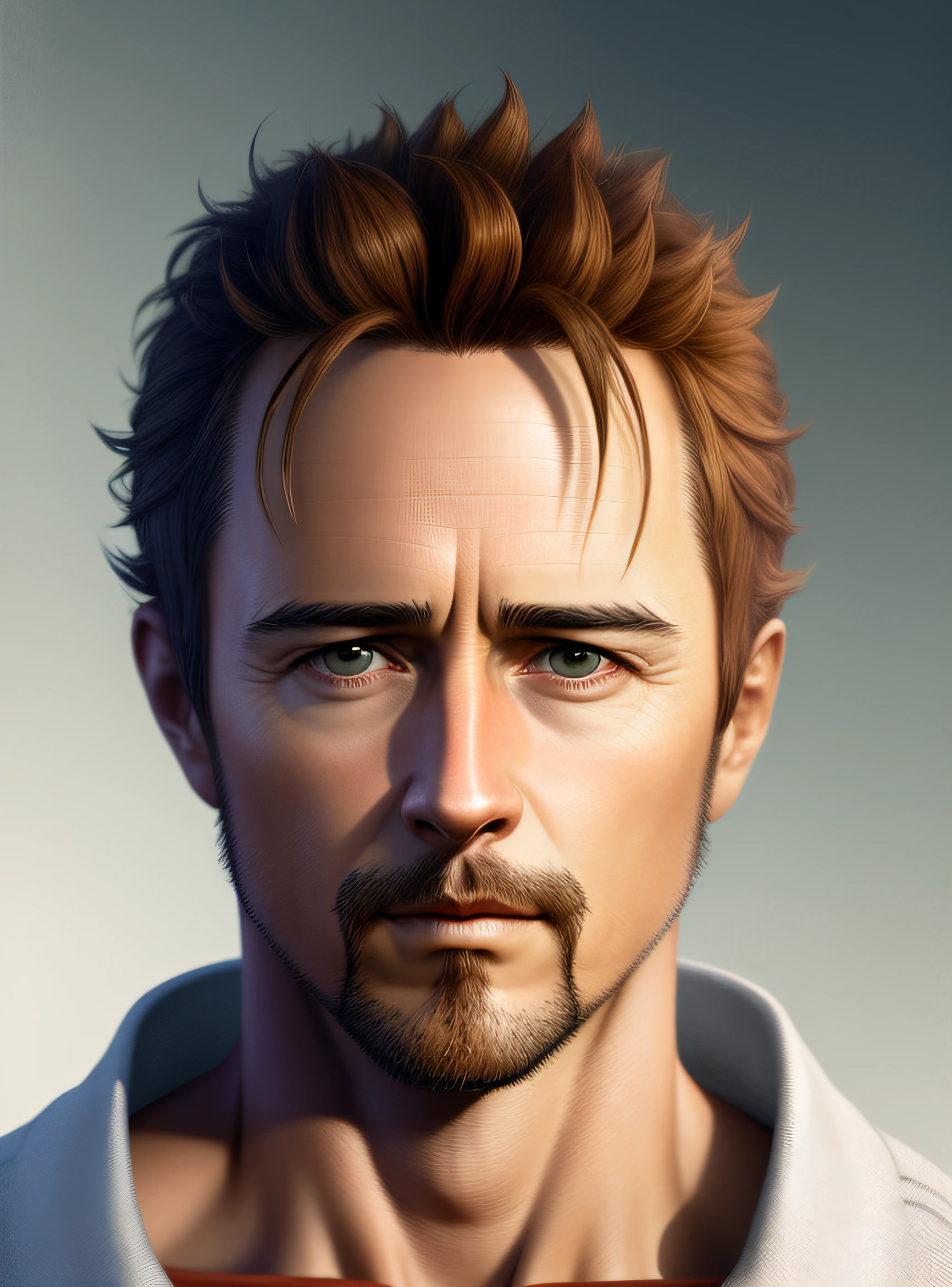 Photorealistic Brazilian man 28 years thin 28 years old, short light brown hair, thin lips and lean oval face similar to Edward Norton