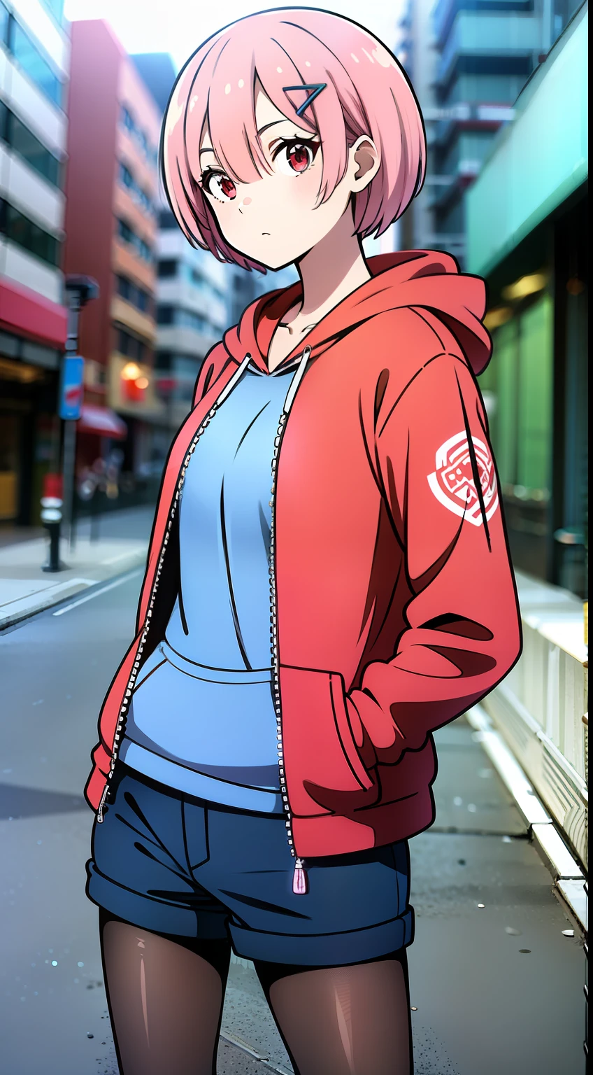 masterpiece, rem rezero, pink hair, red eyes, detailed eyes, neutral face, red jacket hoodie, blue shirt, dark shorts, pantyhose, casual oufit, crossed arms, standing in the middle of the street, legs apart, looking at the viewer,