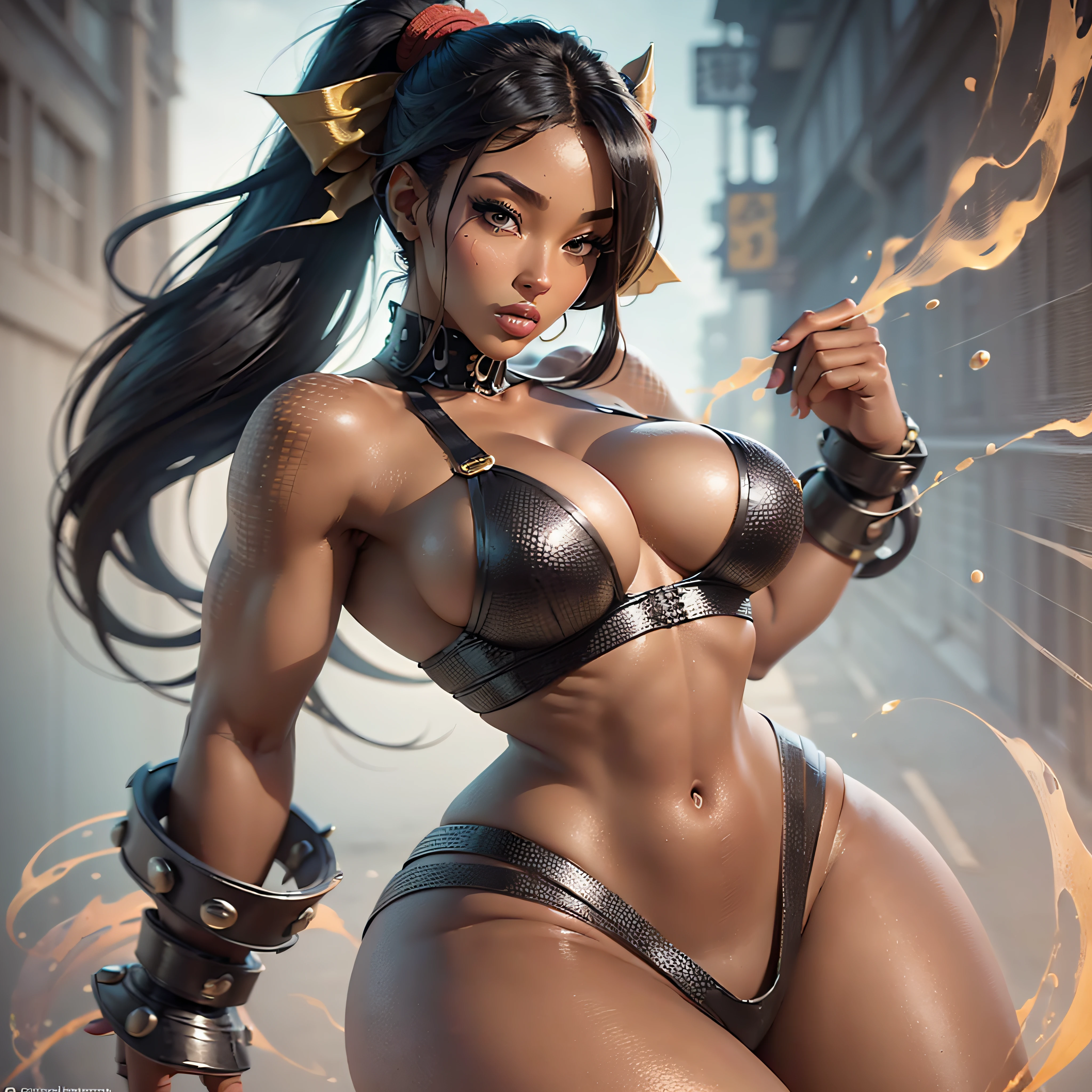 "A black American woman with fabulous curves, with naturally formed and secure breasts, for a more voluptuous and attractive bust, thick thighs, effecting a shouryuken of ryu from street fighter 2, 3d render in 8k, best quality, masterpiece