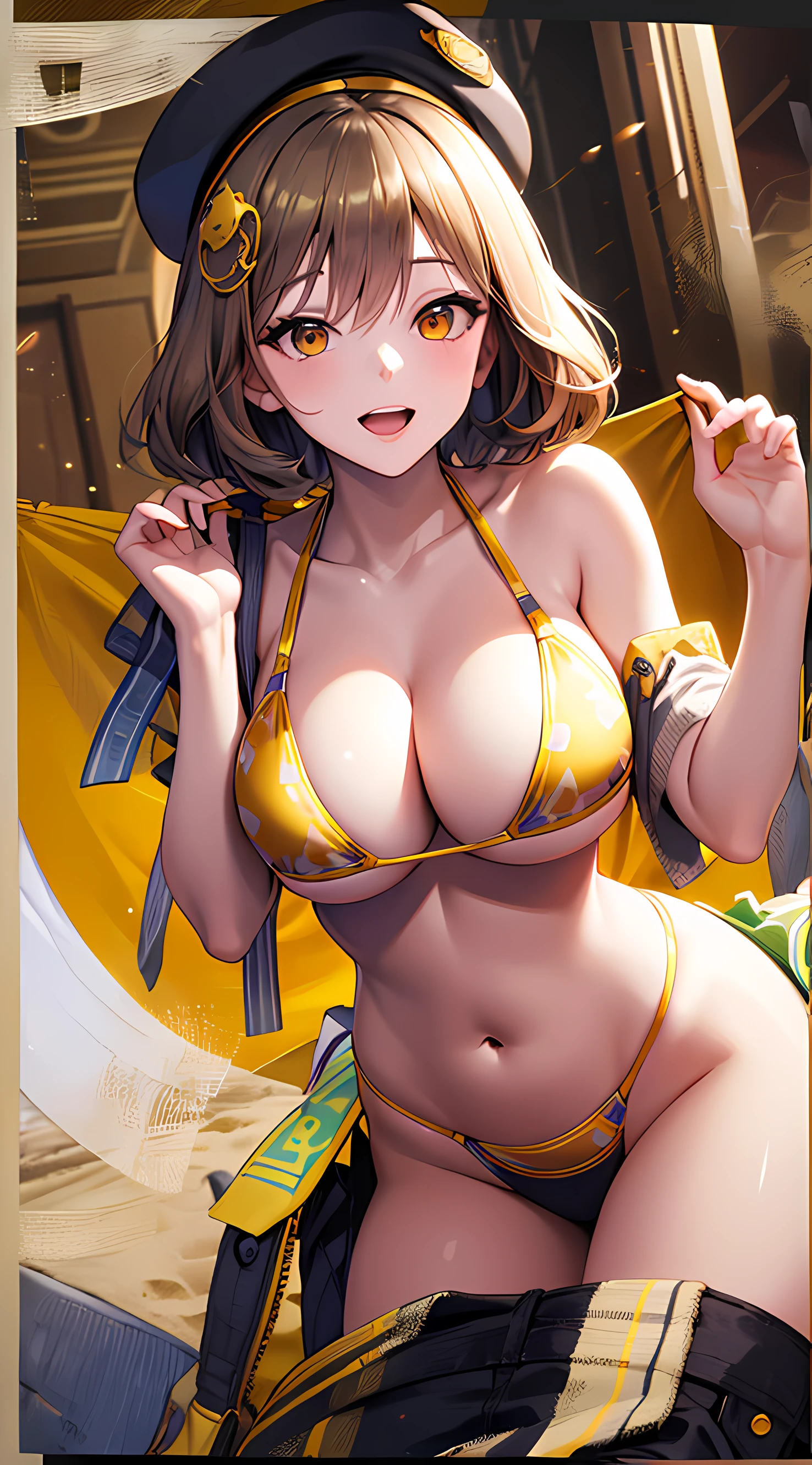 Best Quality, Ultra-Detailed,,1girl, Solo, Nikkeanis, Cross-Eyed, short_hair, open_mouth, Large breasts, Very Bending Down, Near, Big Thigh, brown_hair, hair_ornament, brown_eyes,yellow_eyes, Beret, Cowboy Shot, (Bikini:1.3), Beach, Summer, Silky Pale White, Shiny Skin