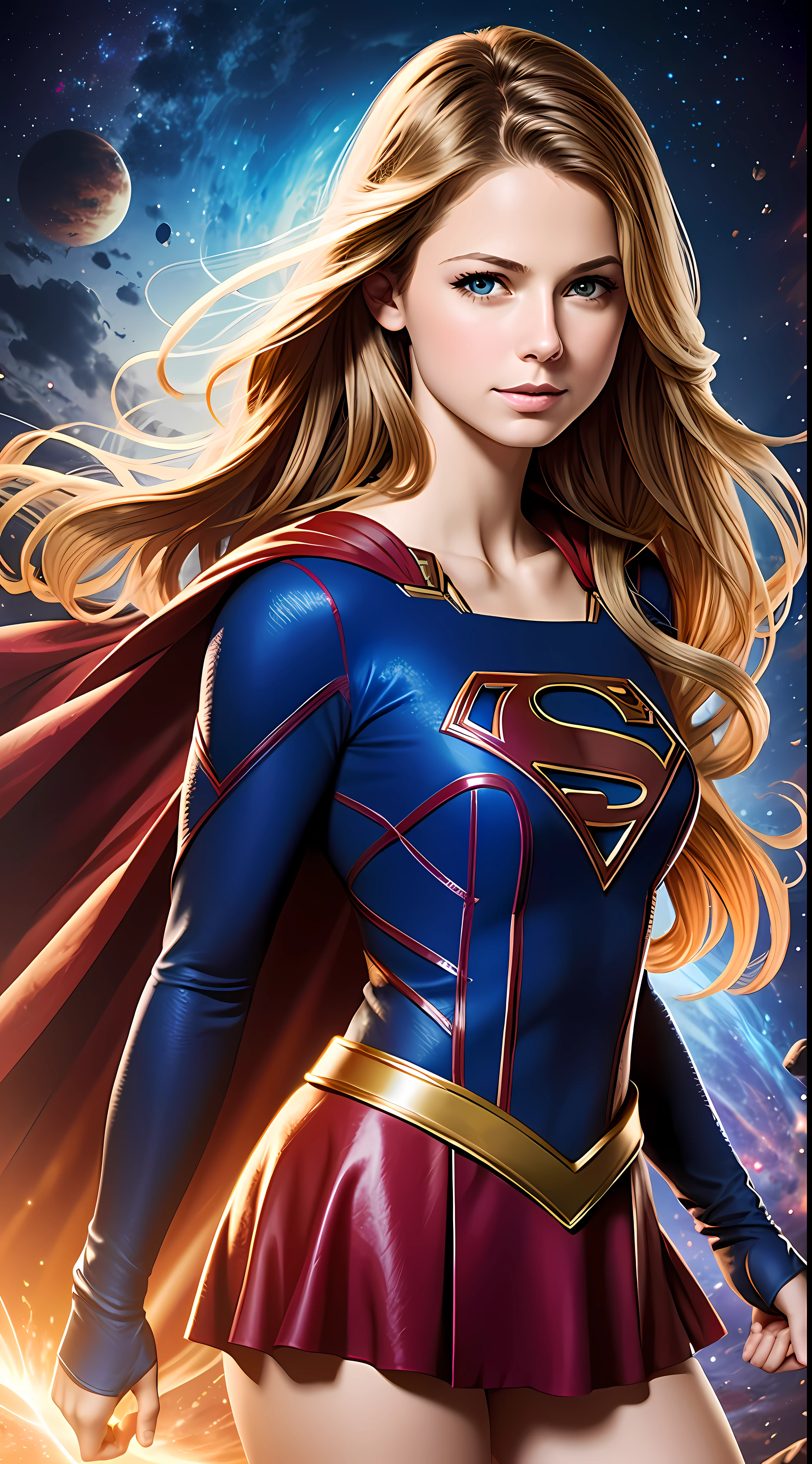 sexy photo portrait of Supergirl Melissa Benoist, colorful and realistic round eyes, dreamy magical atmosphere, superhero costume, (large breasts: 1.3), awesome illustration, very sexy beauty IA woman, long lond hair, perfect mouth and lips, Wes Benscoter style, a deep dark space atmosphere, space background, realistic, staring at camera, wearing a very sexy supergirl cosplay costume
