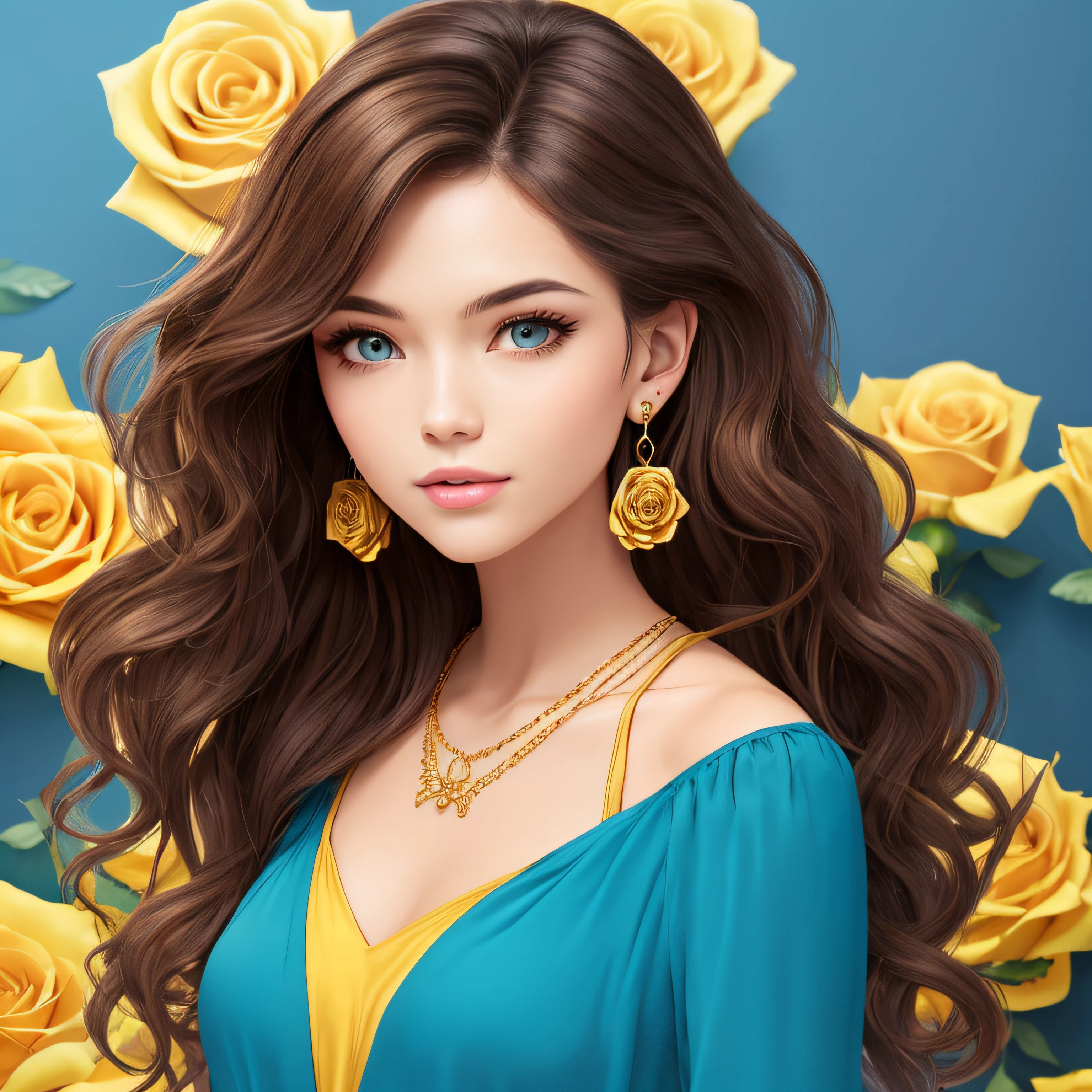 girl, wavy brown hair, blue, gold earrings, asymetricalWith red roses --auto