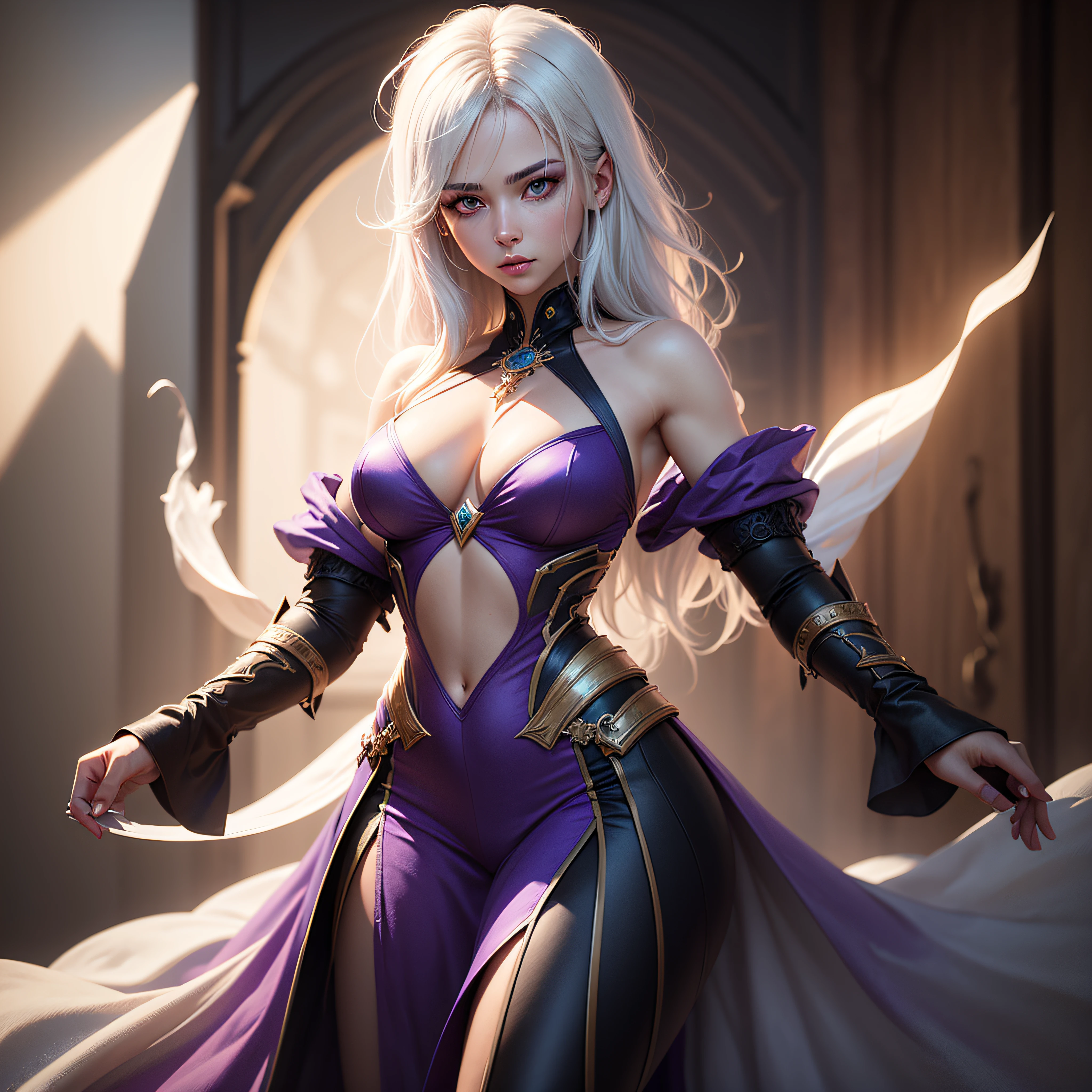 woman, luna, image of luna, white hair, beautiful, lush, vibrant purple eyes, dramatic lighting, 8k, octane rendering, ultra detailed, best quality, masterpiece, front, female body, upper body --auto