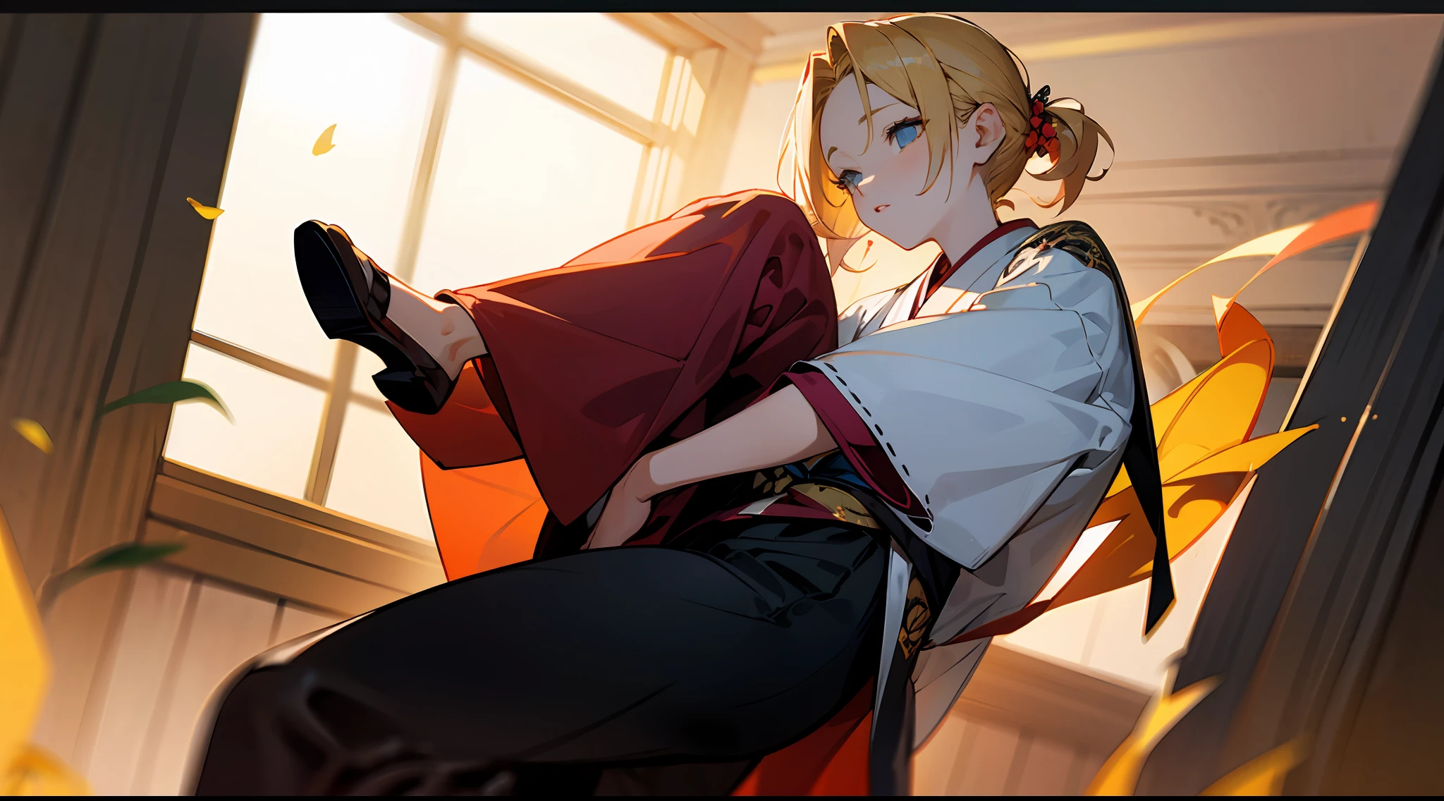 (masterpiece),(exclusive+unique+unusual+original) [brunette with partially blonde hair+yellow-blue eyes:1.2+kimono+joggers], (mystical theme+hell paradise), world
