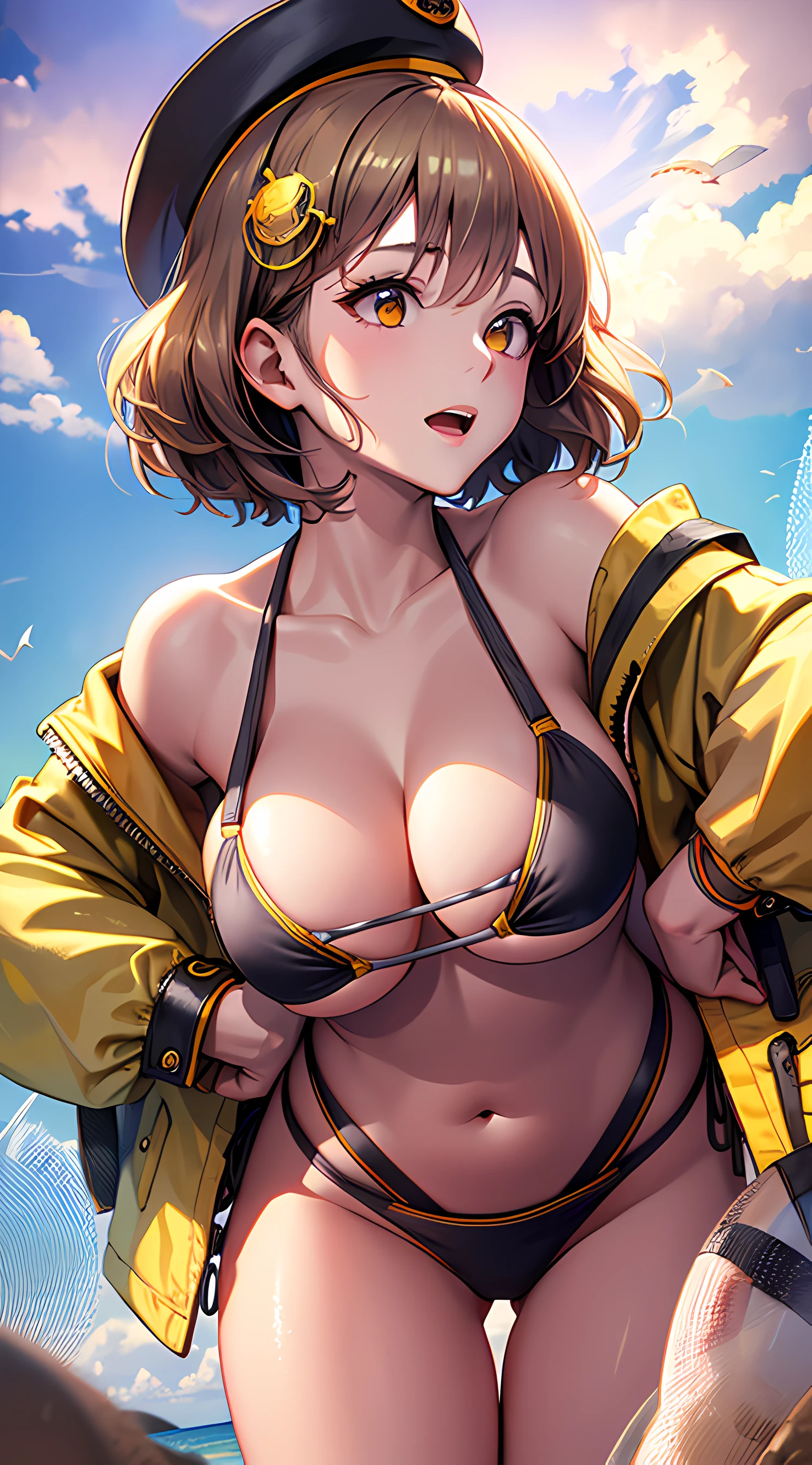 Best Quality, Ultra-Detailed,,1girl, Solo, Nikkeanis, Cross-Eyed, short_hair, open_mouth, Large Breasts, Very Bending Down, Near, Back, Normal Thigh, brown_hair, hair_ornament, brown_eyes,yellow_eyes, Beret, Cowboy Shot, (Bikini:1.3), Beach, Summer, Silky Pale White, Shiny Skin