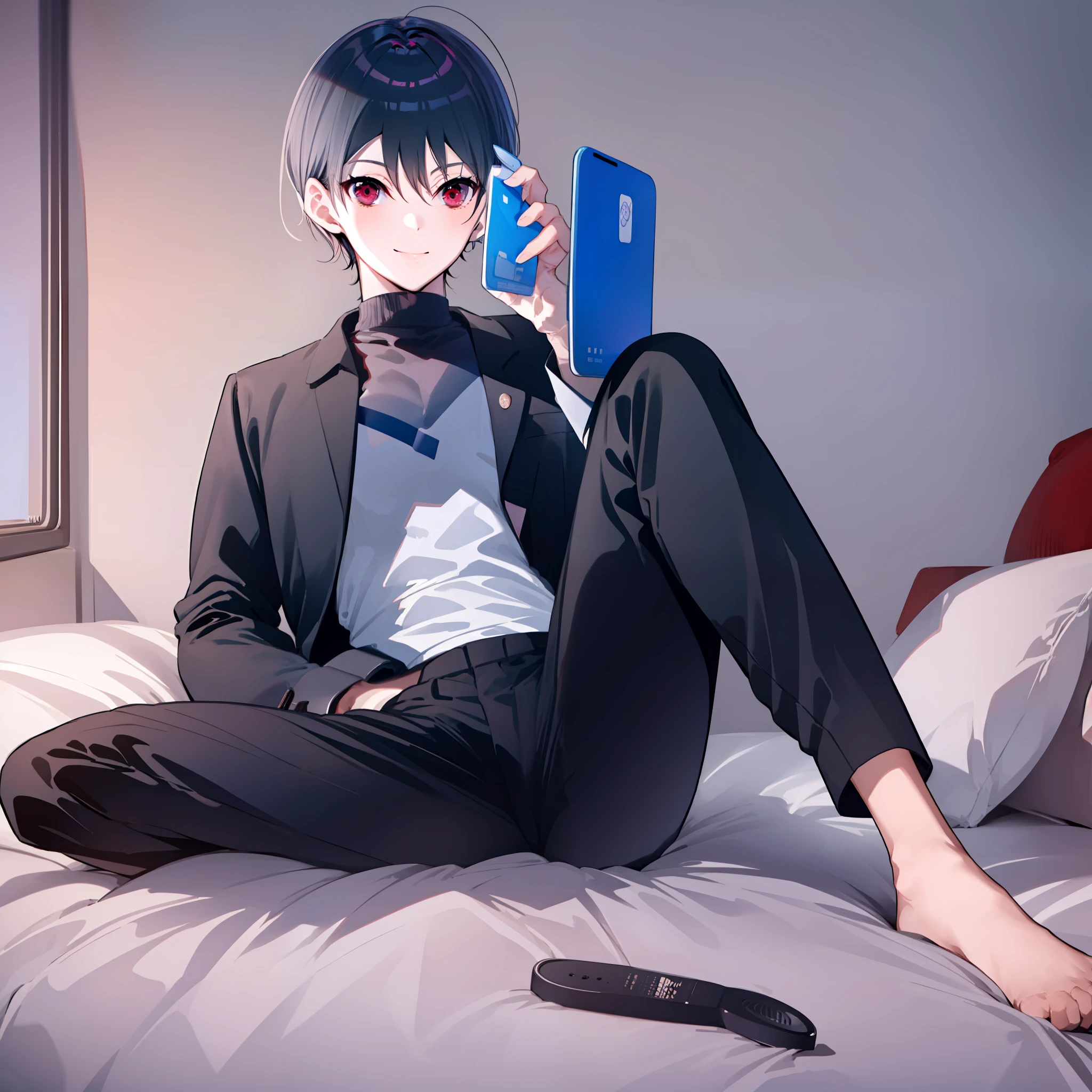 ((masterpiece)), ((best quality)), highres, (There's only one person), 1boy, kiyotaka ayanokoji, -yeld tewears a sleepsuit with long black pants, red eyes, short black hair, anatomically correct full body, ((normal legs)), ((He has a male pose)), ((He's lying on his back on the bed looking at his phone inside his room)),  ((he has a phone in his right hand)), ((He has a smile)), ((He's looking at his phone)), ((detailed full scenario)), ((mystery)), ((romantic)), ((night setting)), ((Low light)), ((night setting))